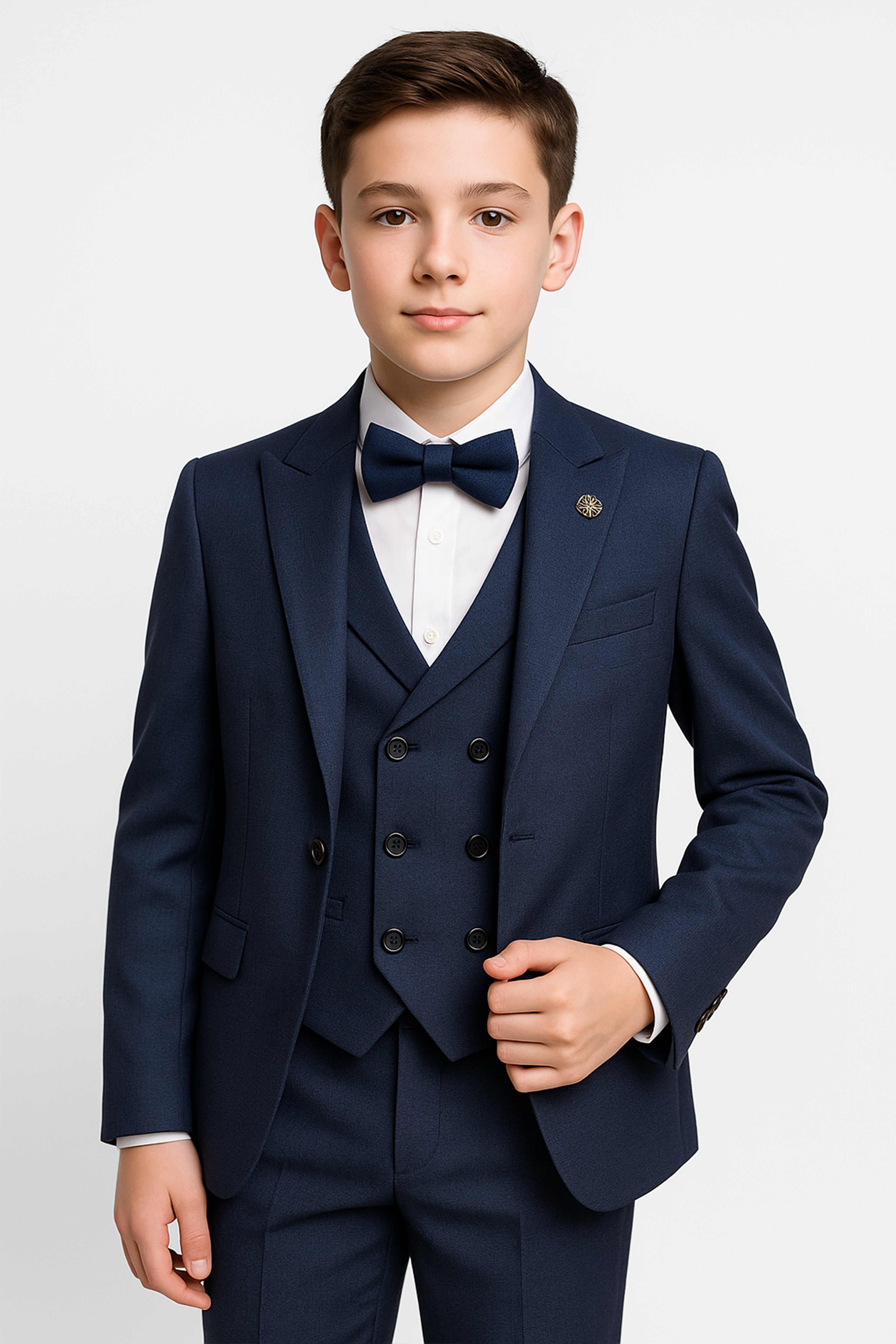 Boys 5-Piece Formal Prom Suit with Double Breasted Waistcoat - Navy Front Picture