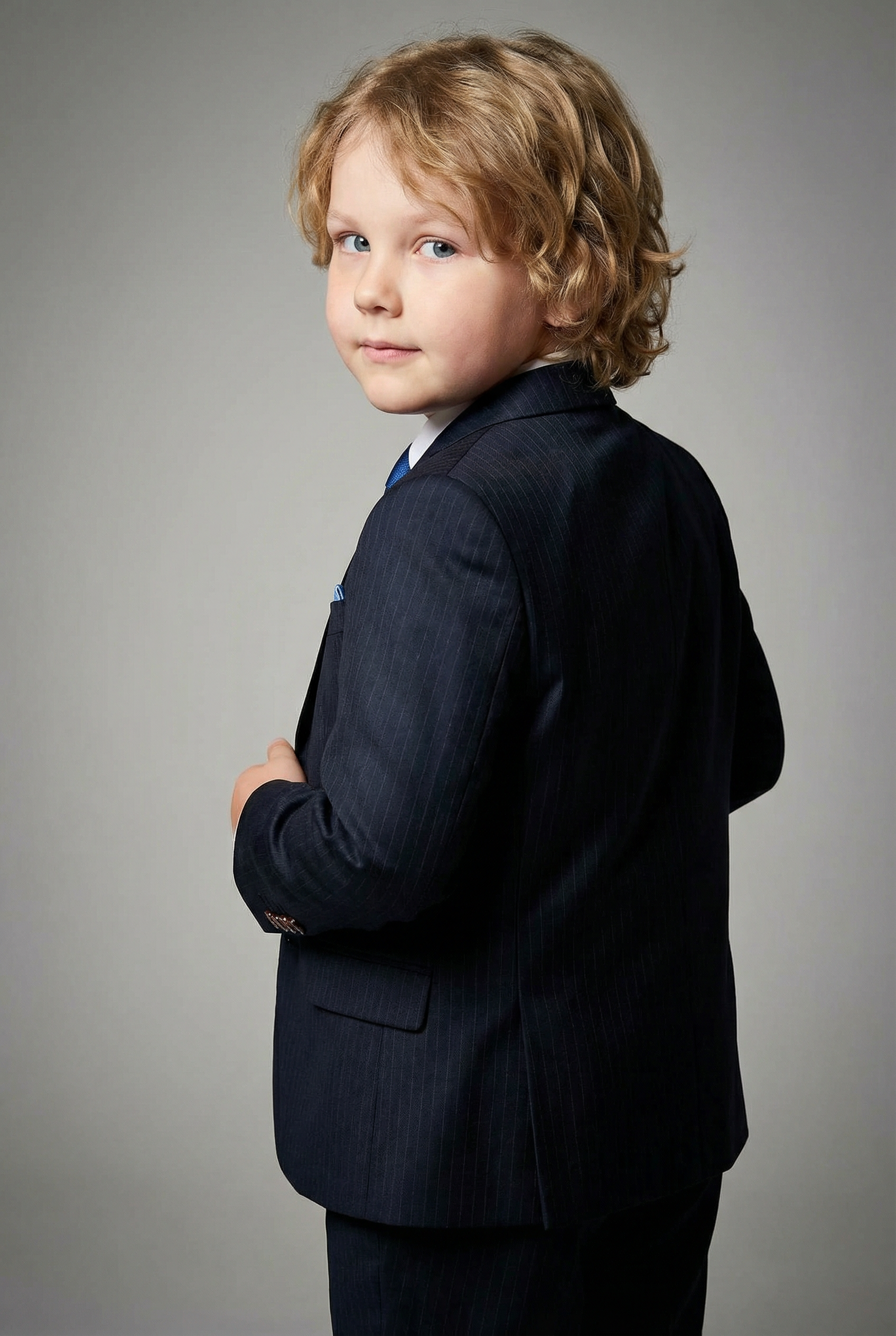 Boys 5-Piece Herringbone Pinstripe Suit - Dawson - Navy Blue Model Back Picture