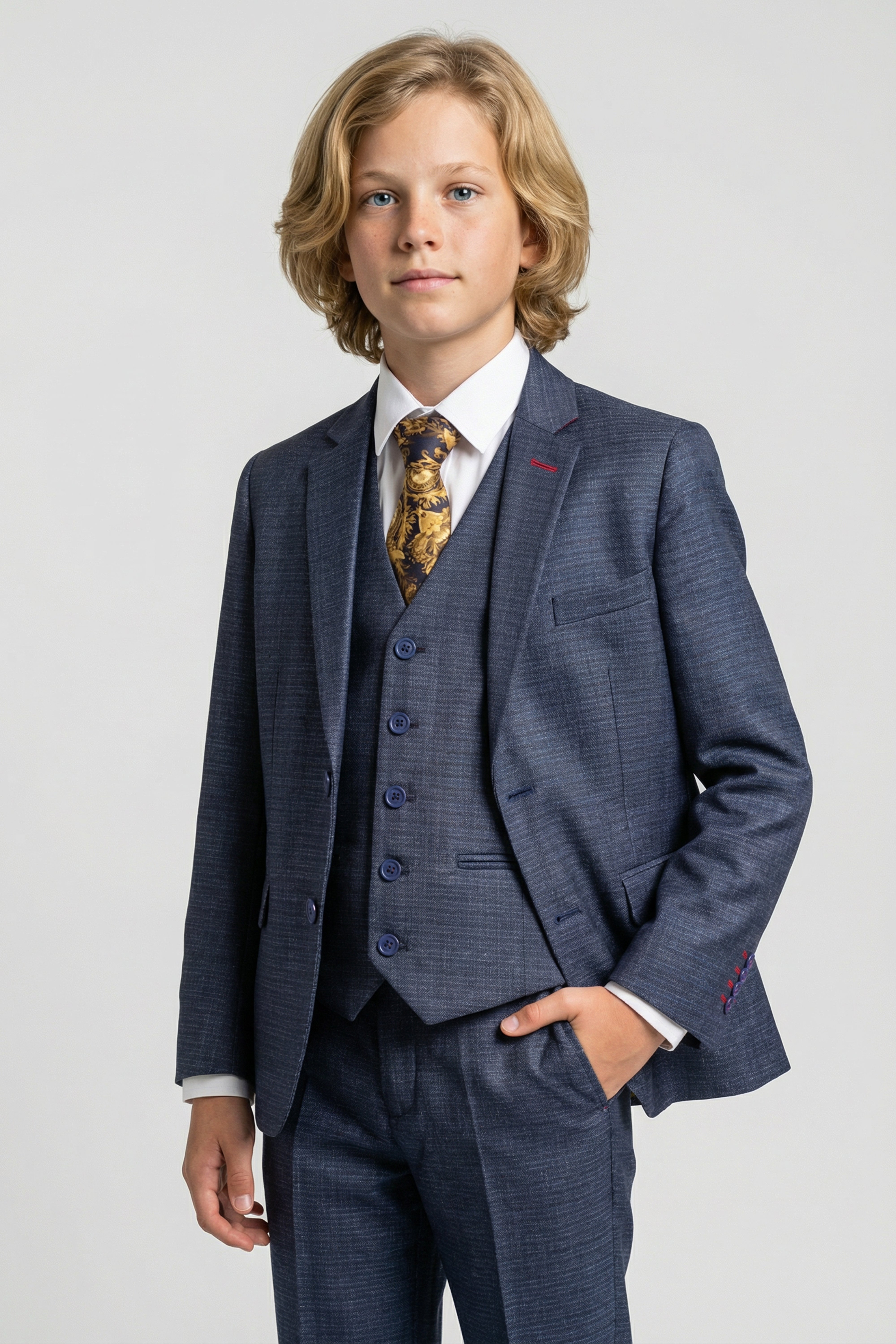 Boys 5-Piece Micro Check Twill Suit - Marcus - Grey Model Picture