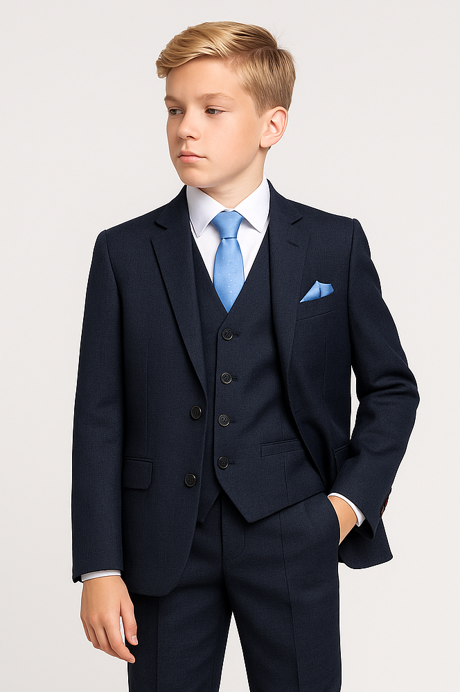 Boys 5-Piece Microcheck Formal Suit - Alejandro - Navy Blue Model Picture