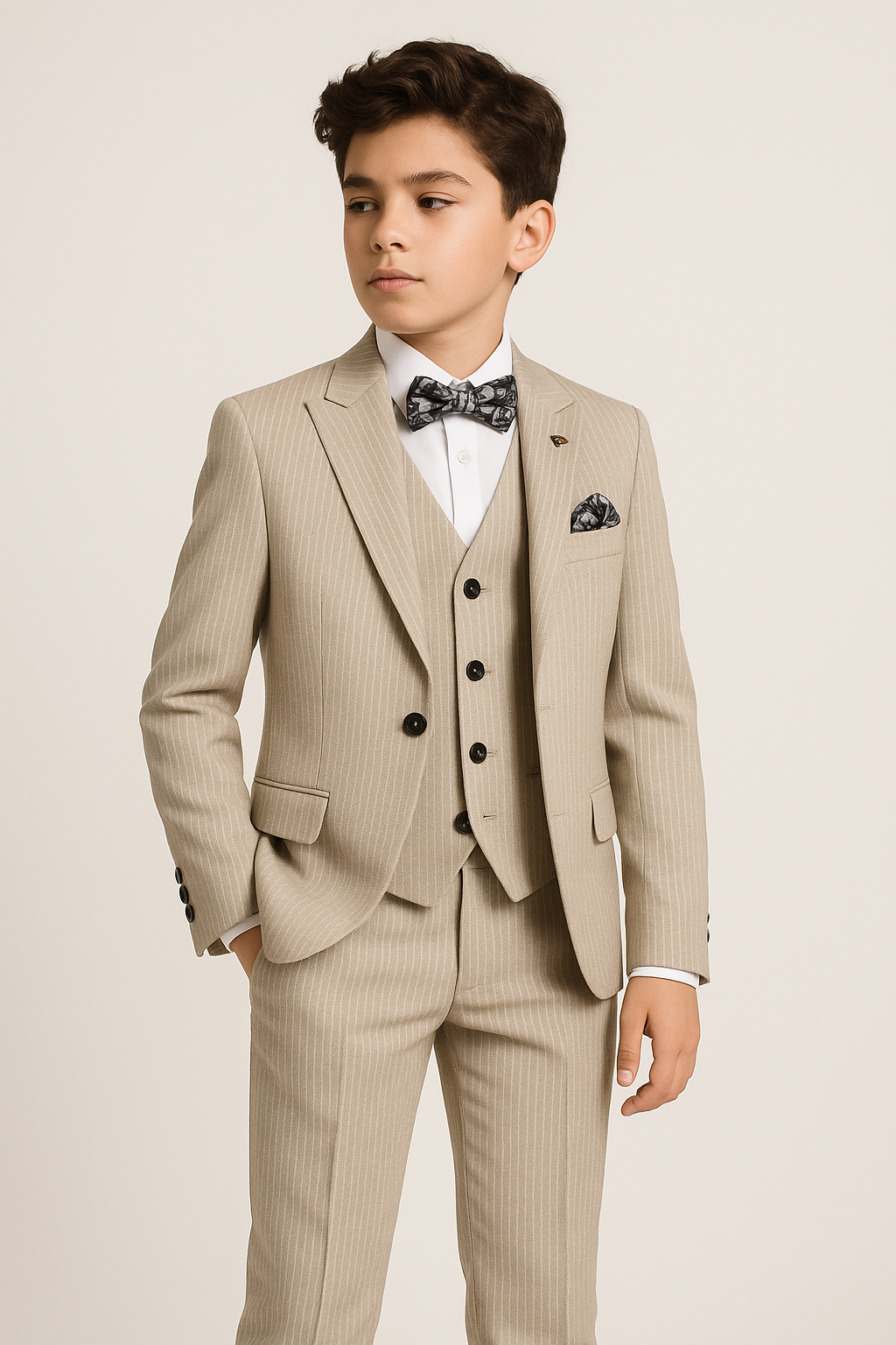 Boys 5-Piece Slim Fit Pinstripe Suit - CIZGILI - Beige Model Picture