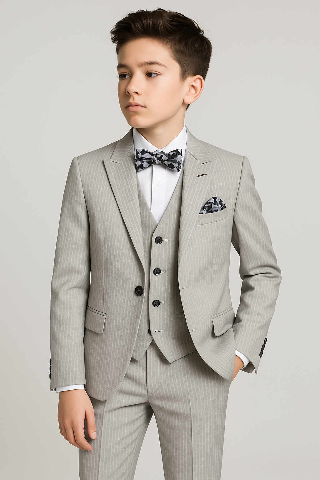 Boys 5-Piece Slim Fit Pinstripe Suit - CIZGILI - Light Grey Model Picture