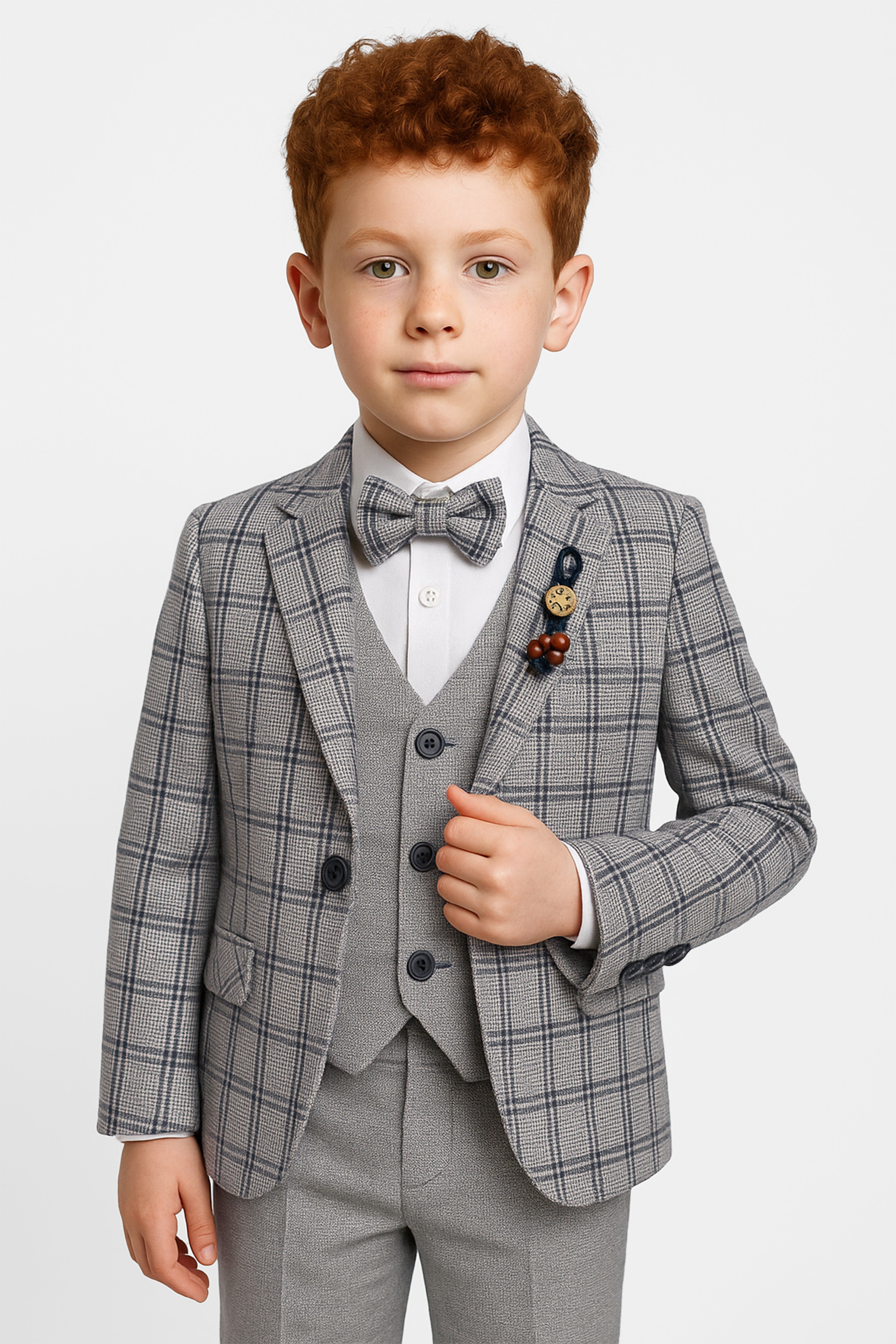 Boys 5-Piece Slim Fit Windowpane Check Suit - Ekose - ASH GREY & BLACK Model Picture