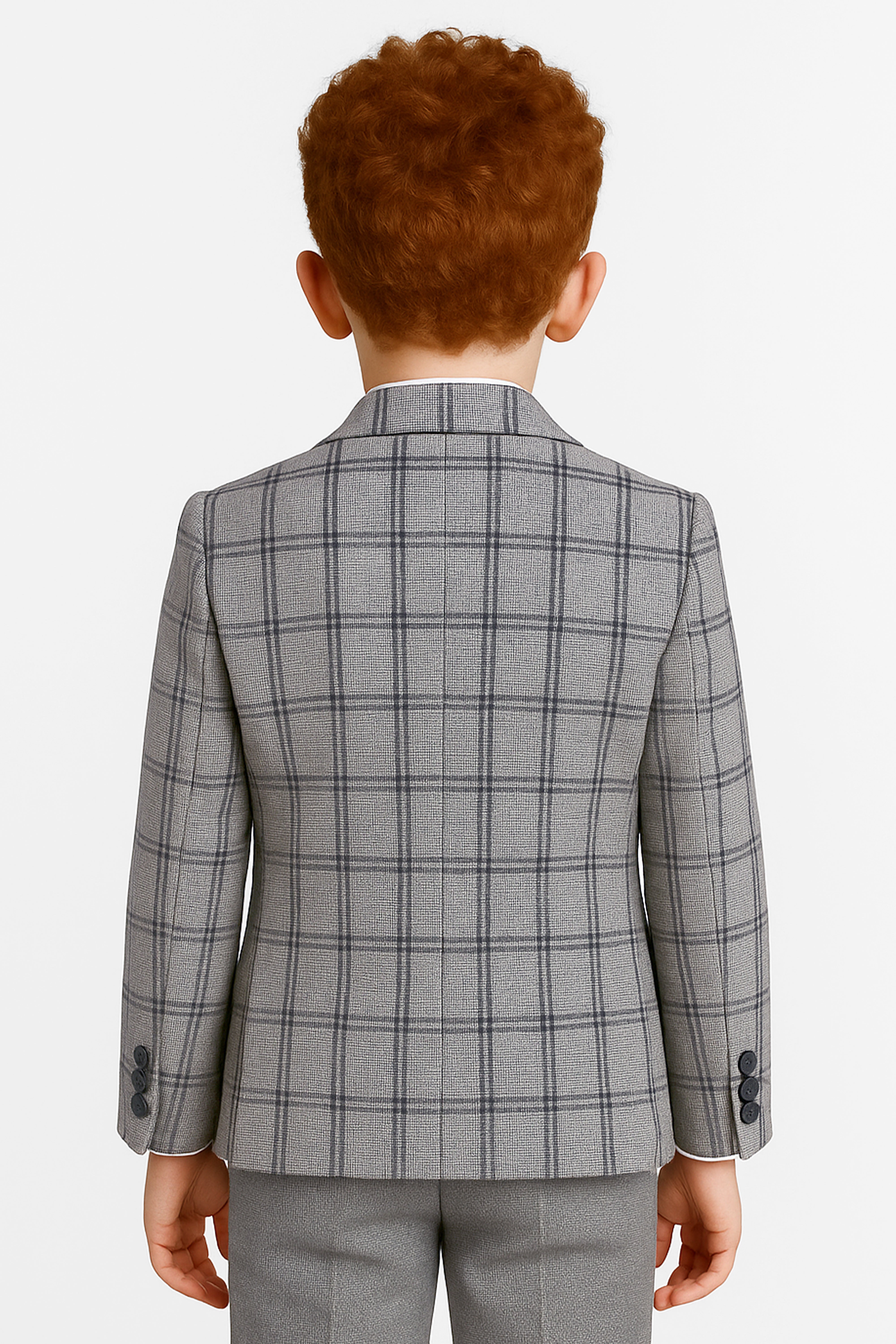 Boys 5-Piece Slim Fit Windowpane Check Suit - Ekose - ASH GREY & BLACK Back Picture