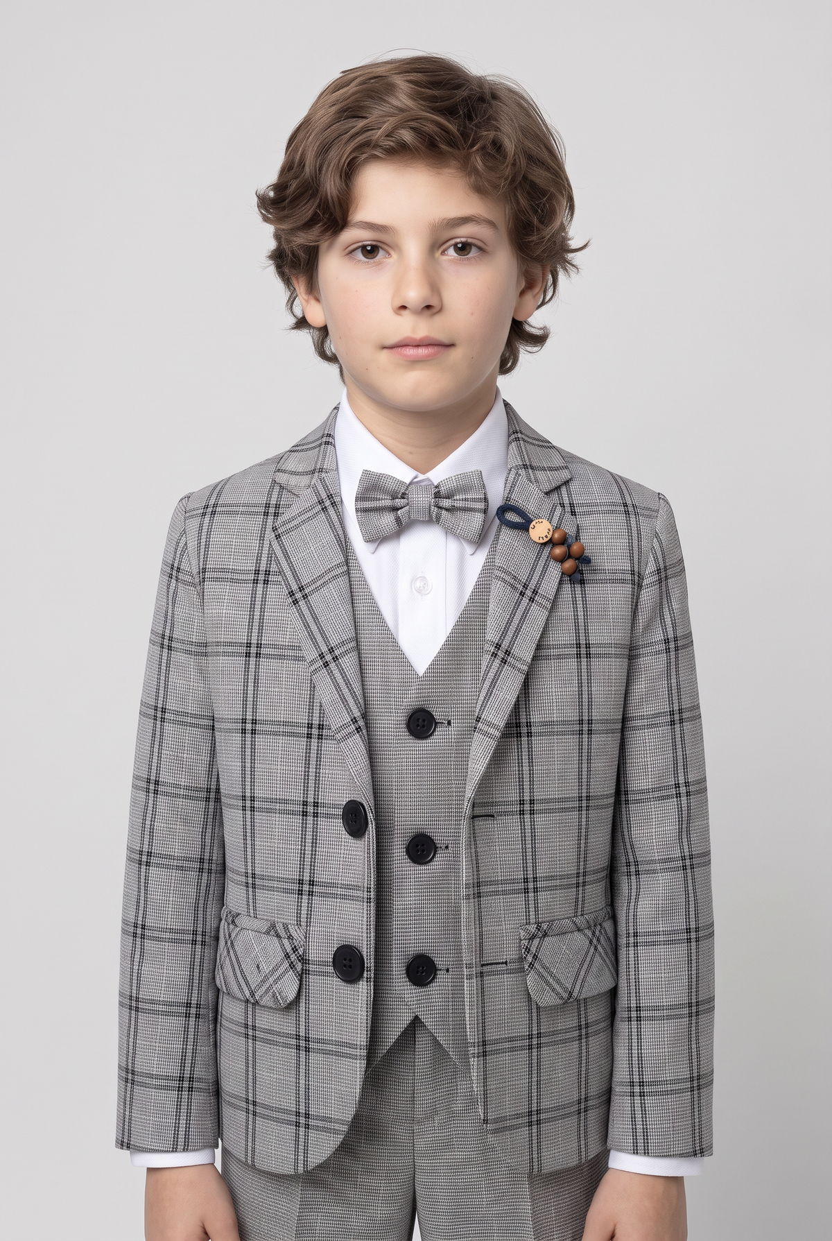Boys 5-Piece Slim Fit Windowpane Check Suit - Ekose - ASH GREY & BLACK Model  Front Picture