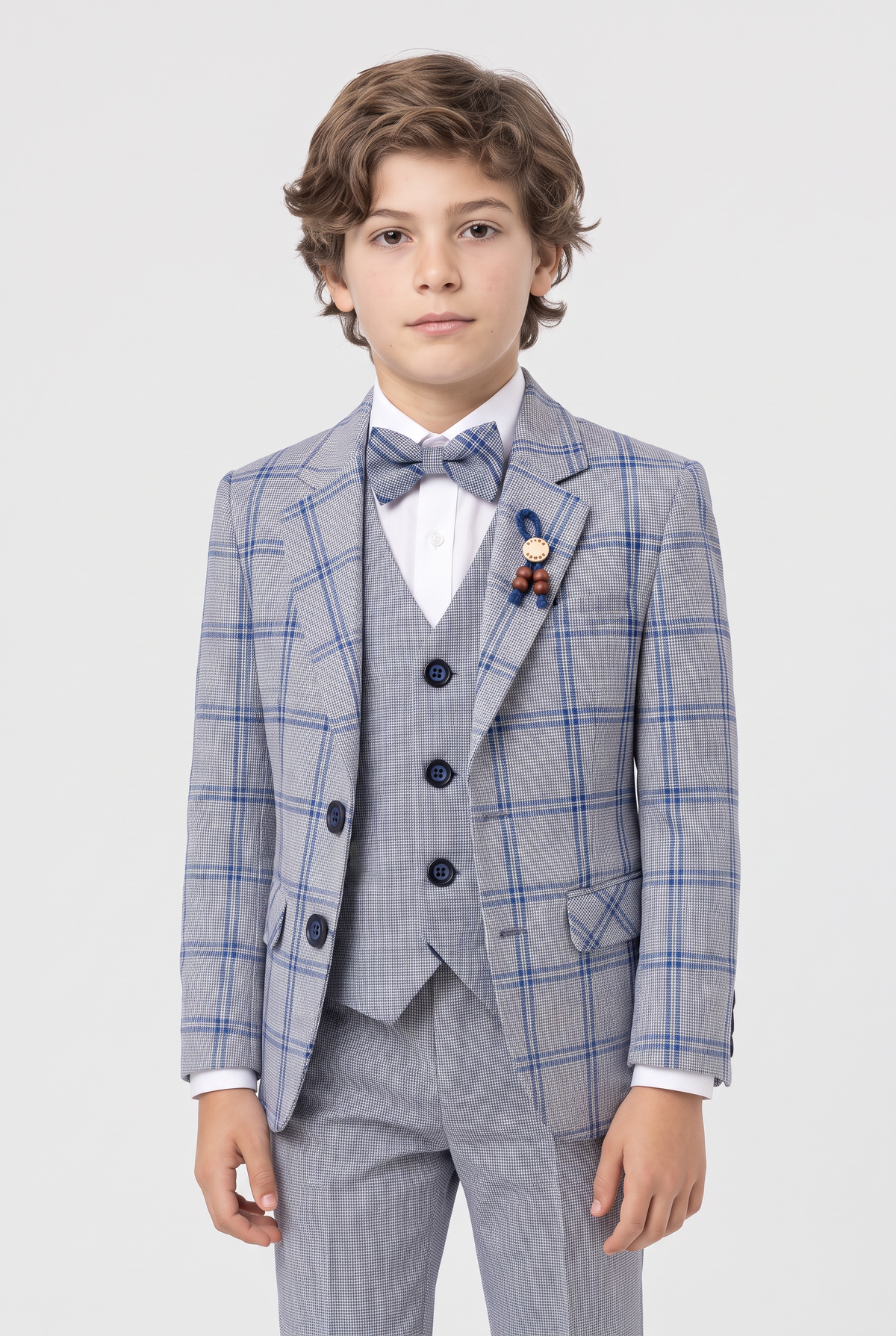 Boys 5-Piece Slim Fit Windowpane Check Suit - Ekose - BLUE Model Picture