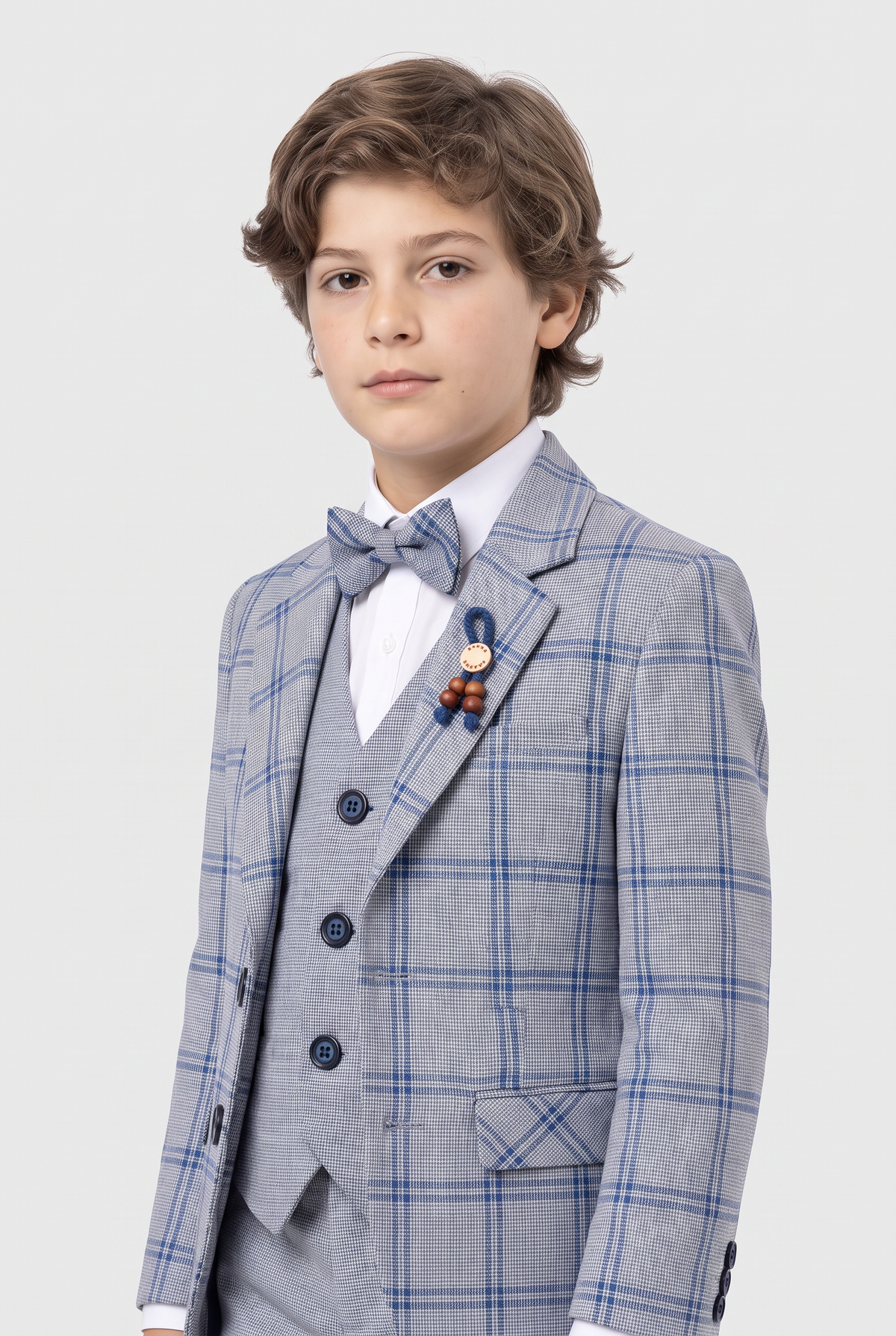 Boys 5-Piece Slim Fit Windowpane Check Suit - Ekose - BLUE