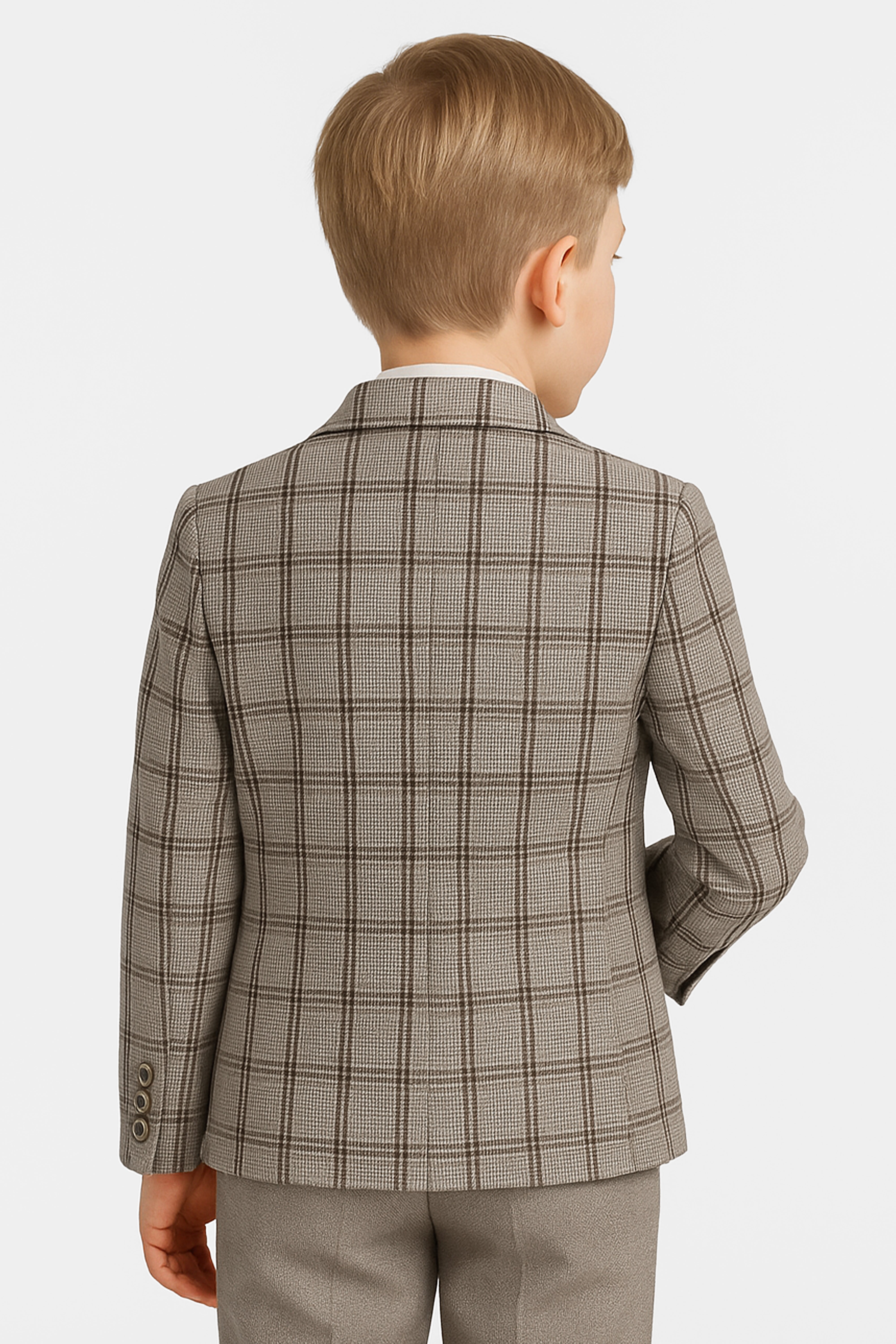Boys 5-Piece Slim Fit Windowpane Check Suit - Ekose - CREAM & TAUPE BROWN Back Picture