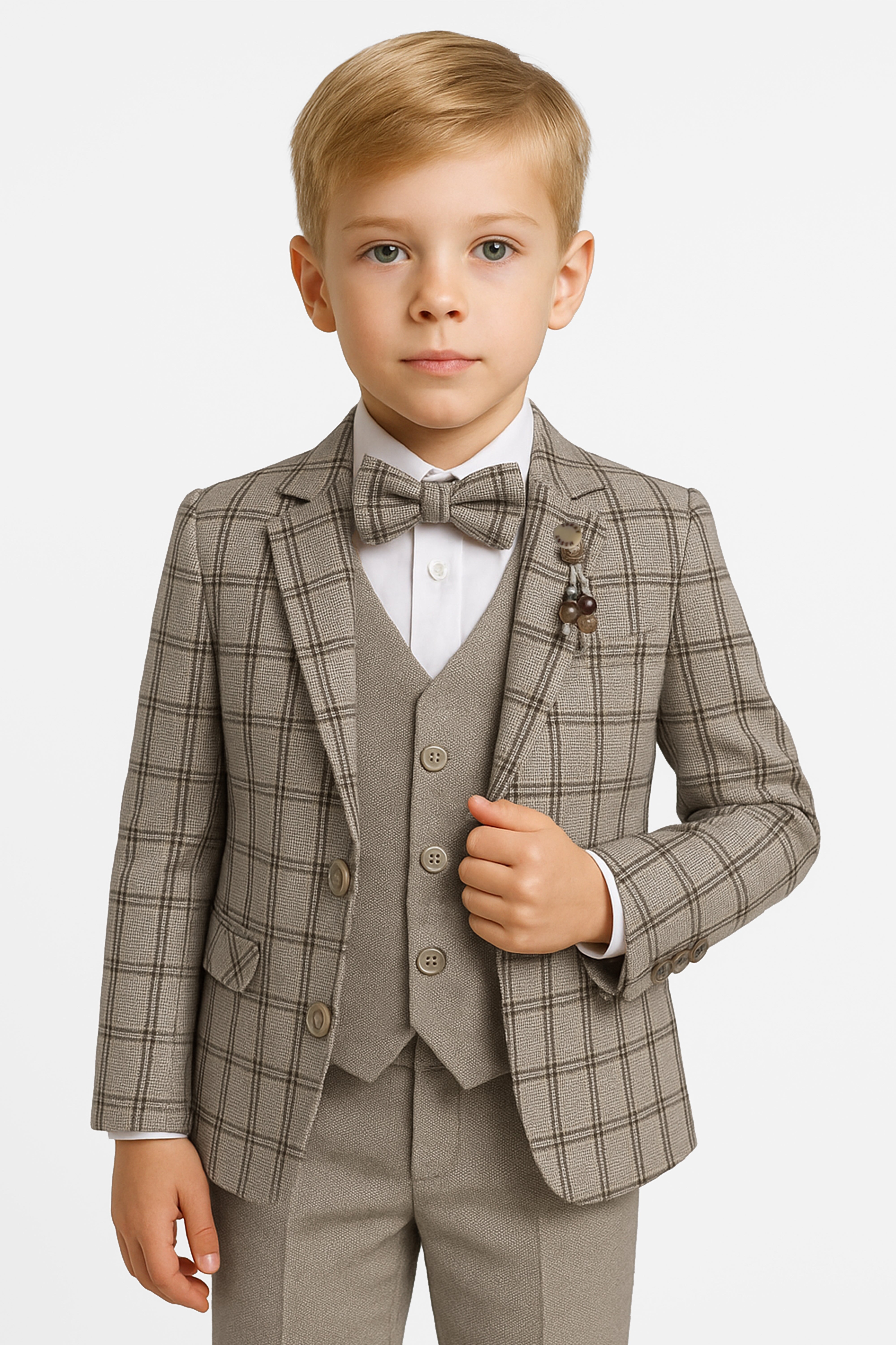 Boys 5-Piece Slim Fit Windowpane Check Suit - Ekose - CREAM & TAUPE BROWN Model Picture