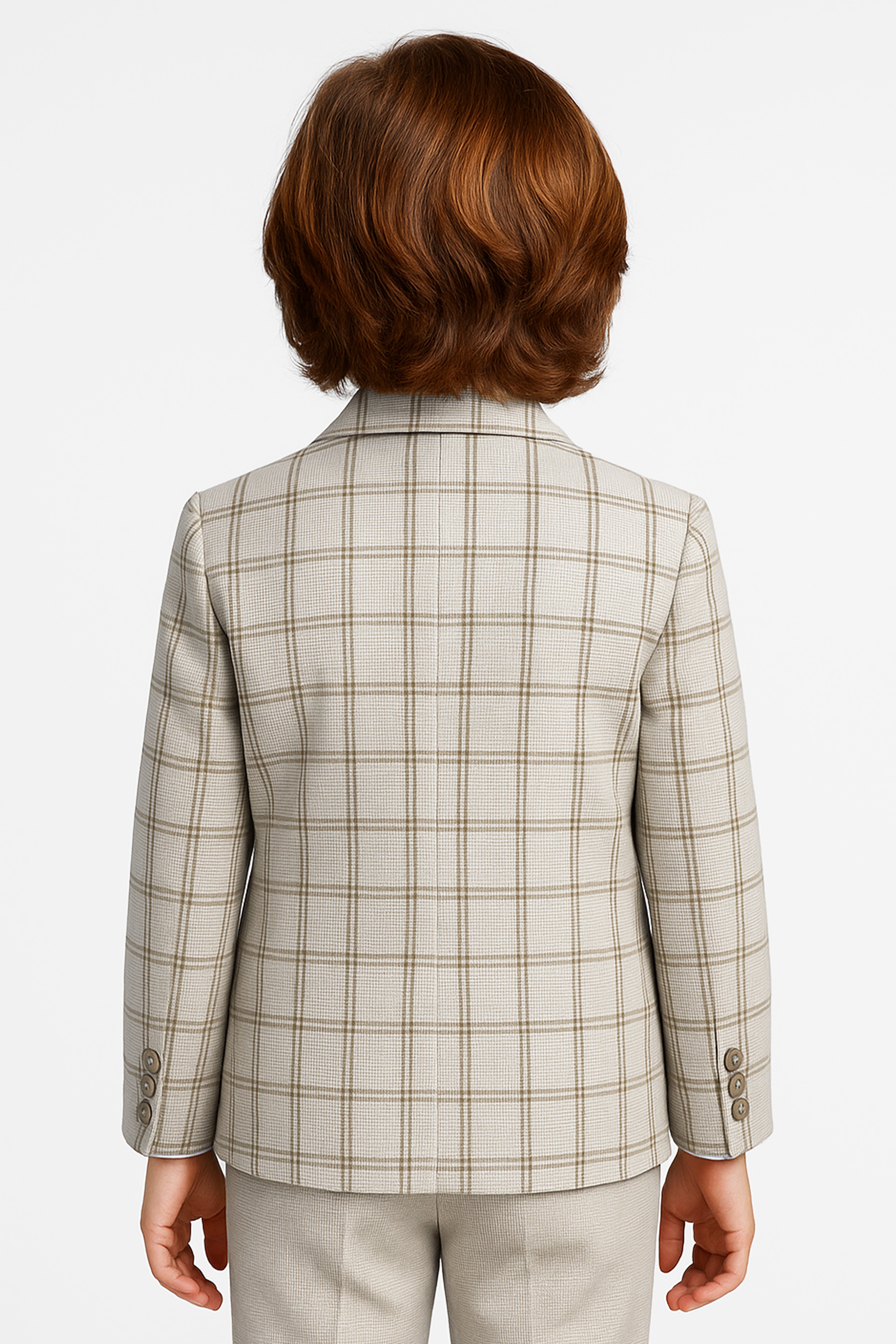Boys 5-Piece Slim Fit Windowpane Check Suit - Ekose - IVORY & CARAMEL BEIGE Back Picture