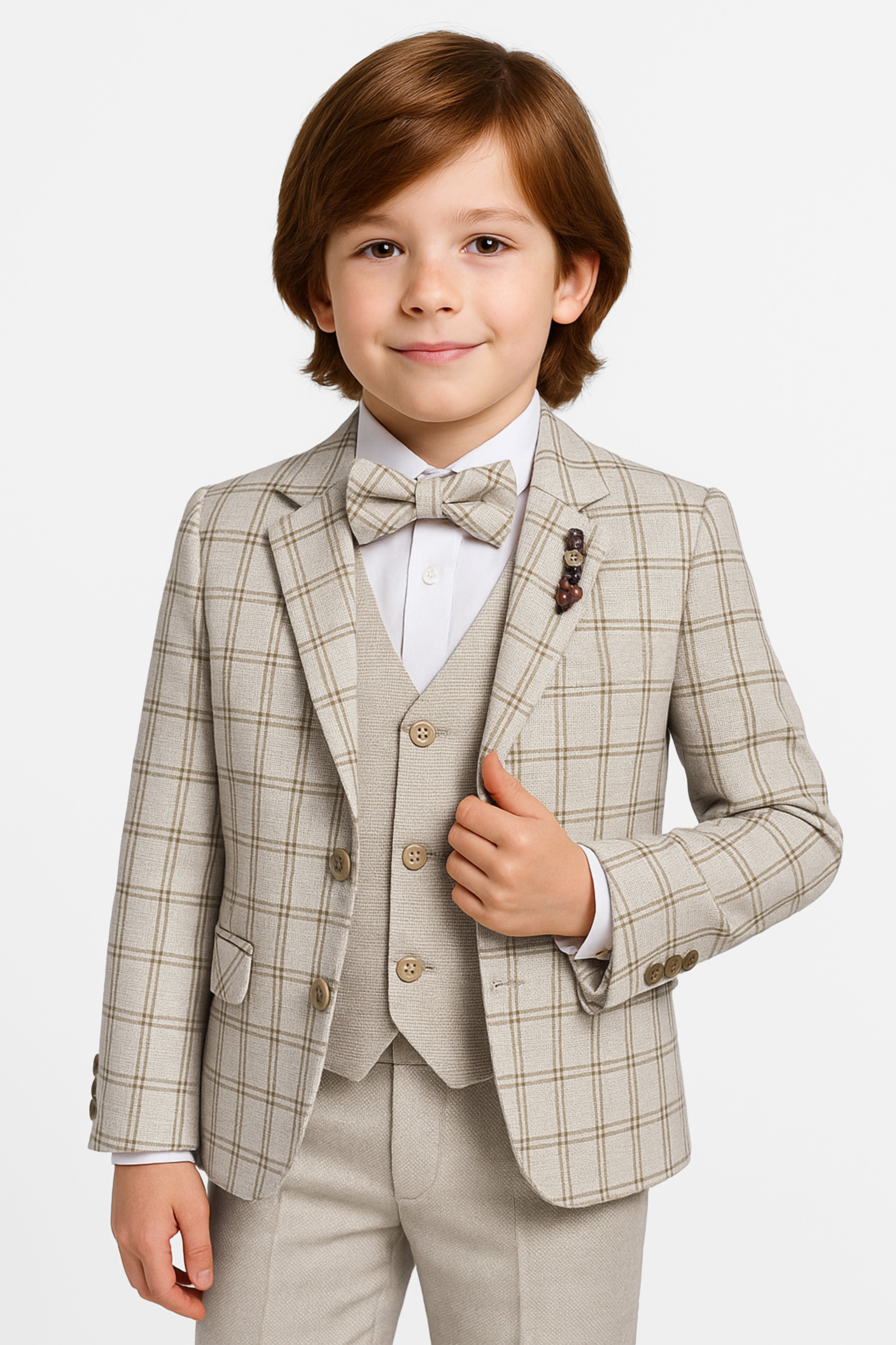 Boys 5-Piece Slim Fit Windowpane Check Suit - Ekose - IVORY & CARAMEL BEIGE