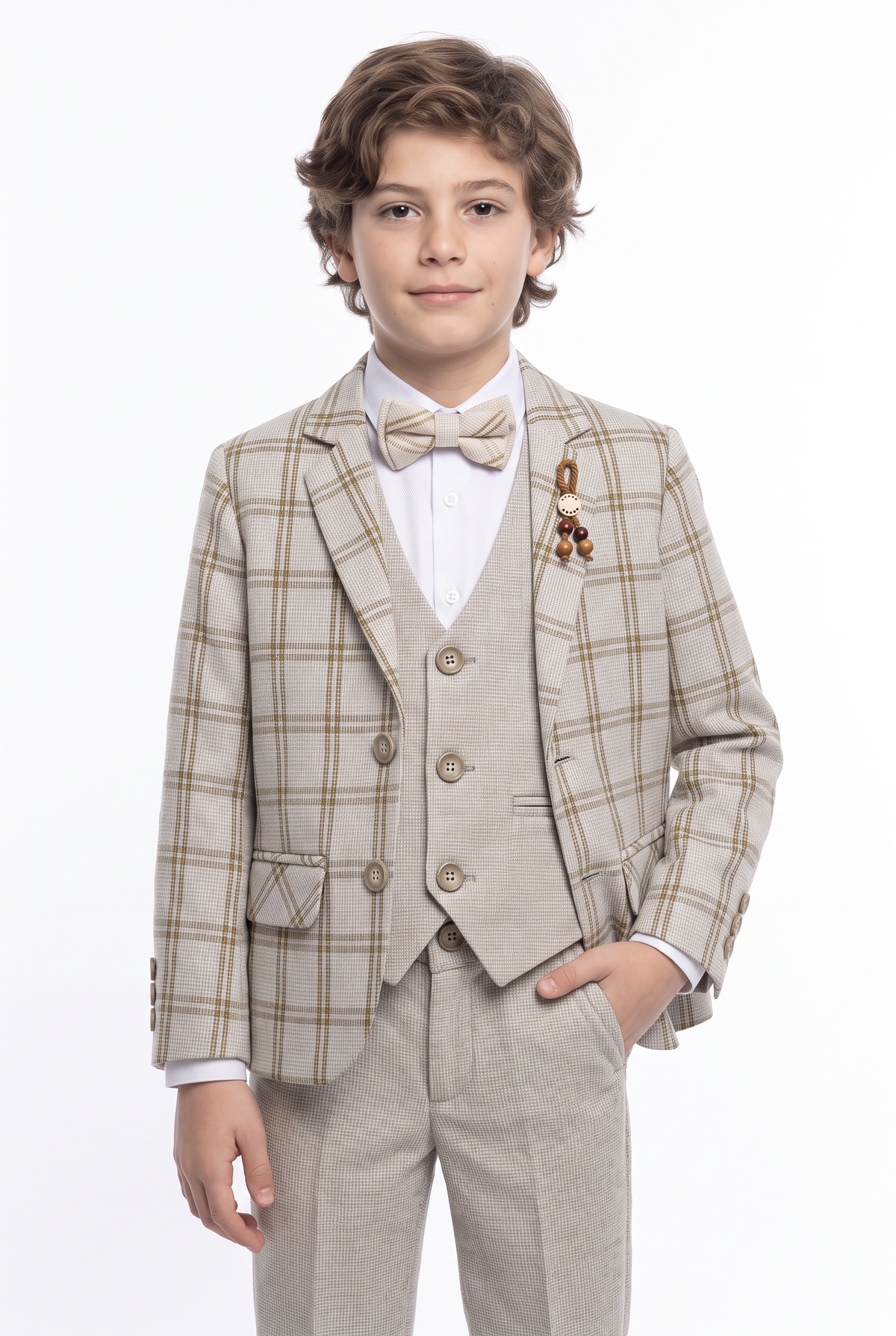 Boys 5-Piece Slim Fit Windowpane Check Suit - Ekose - IVORY & CARAMEL BEIGE