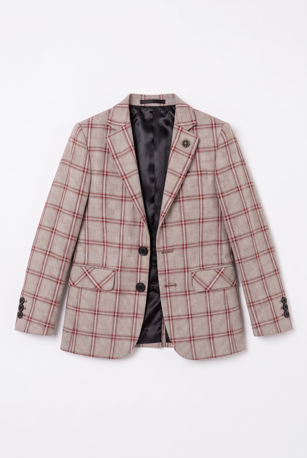 Boys 5-Piece Slim Fit Windowpane Check Suit - Ekose - LILAC & BURGUNDY Blazer Front Picture