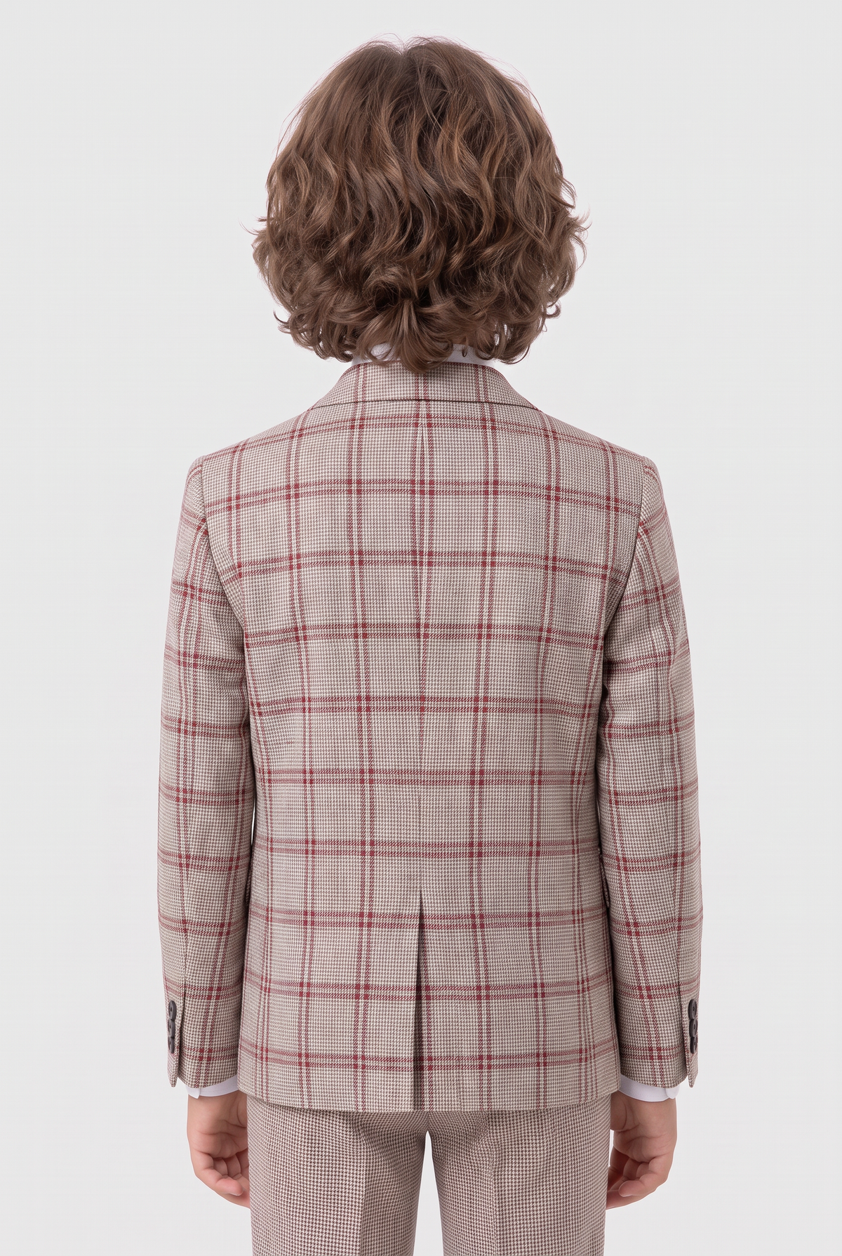 Boys 5-Piece Slim Fit Windowpane Check Suit - Ekose - LILAC & BURGUNDY Model Back Picture