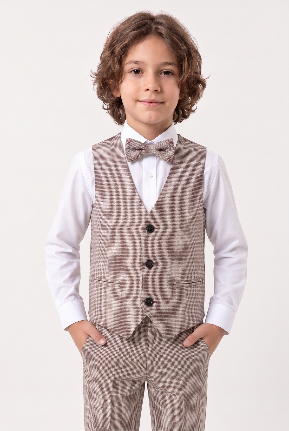 Boys 5-Piece Slim Fit Windowpane Check Suit - Ekose - LILAC & BURGUNDY Model Front Picture
