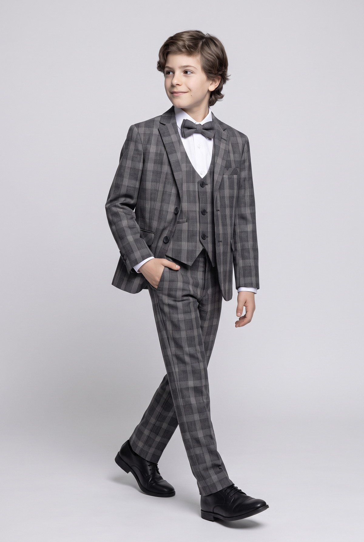 Boys 5-Piece Slim Fit Windowpane Check Suit - Ekose Dark Grey Model Picture