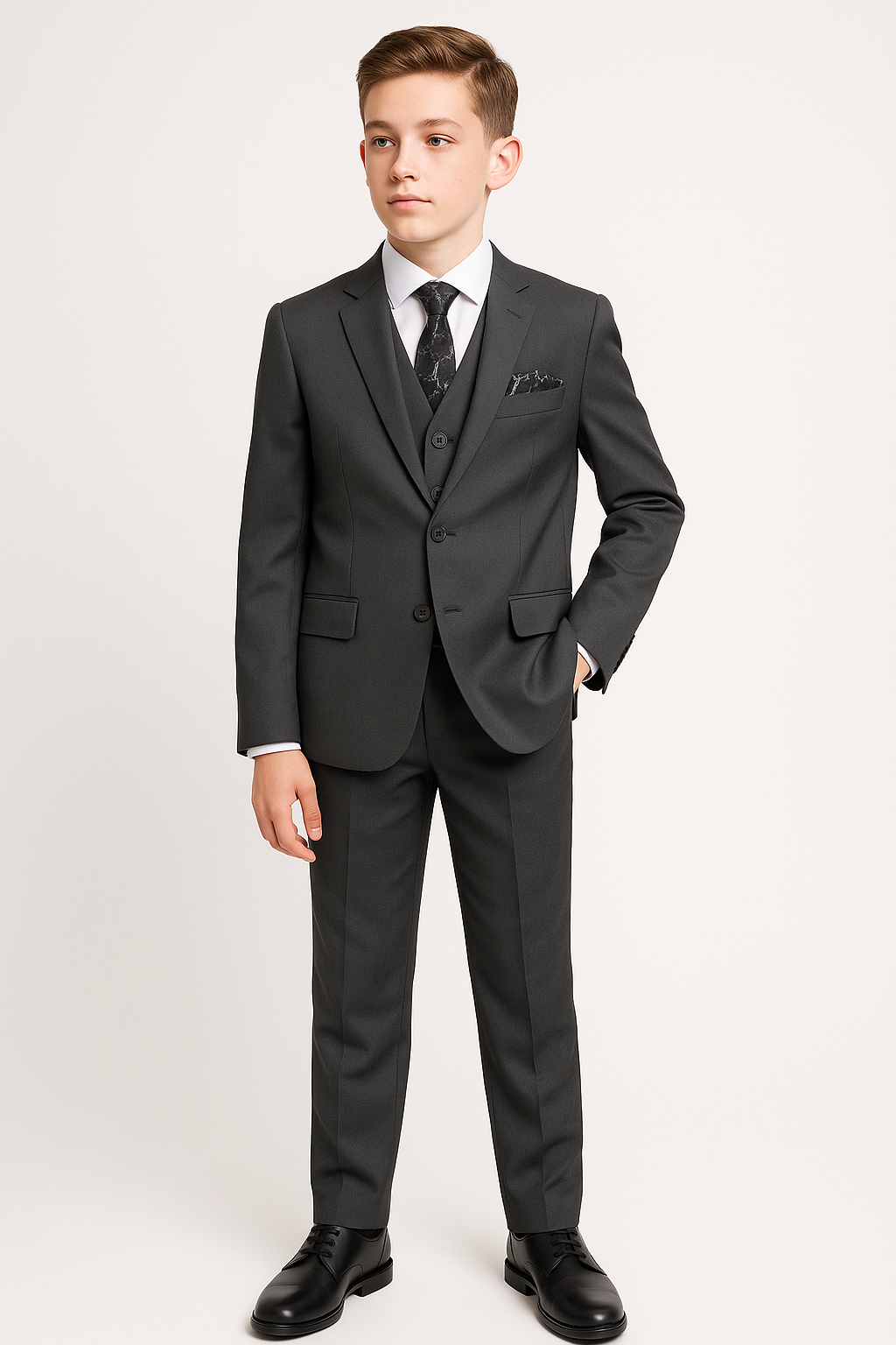 Boys 5-Piece Tailored Fit Formal Suit - Grant - Charcoal Grey Front Picture