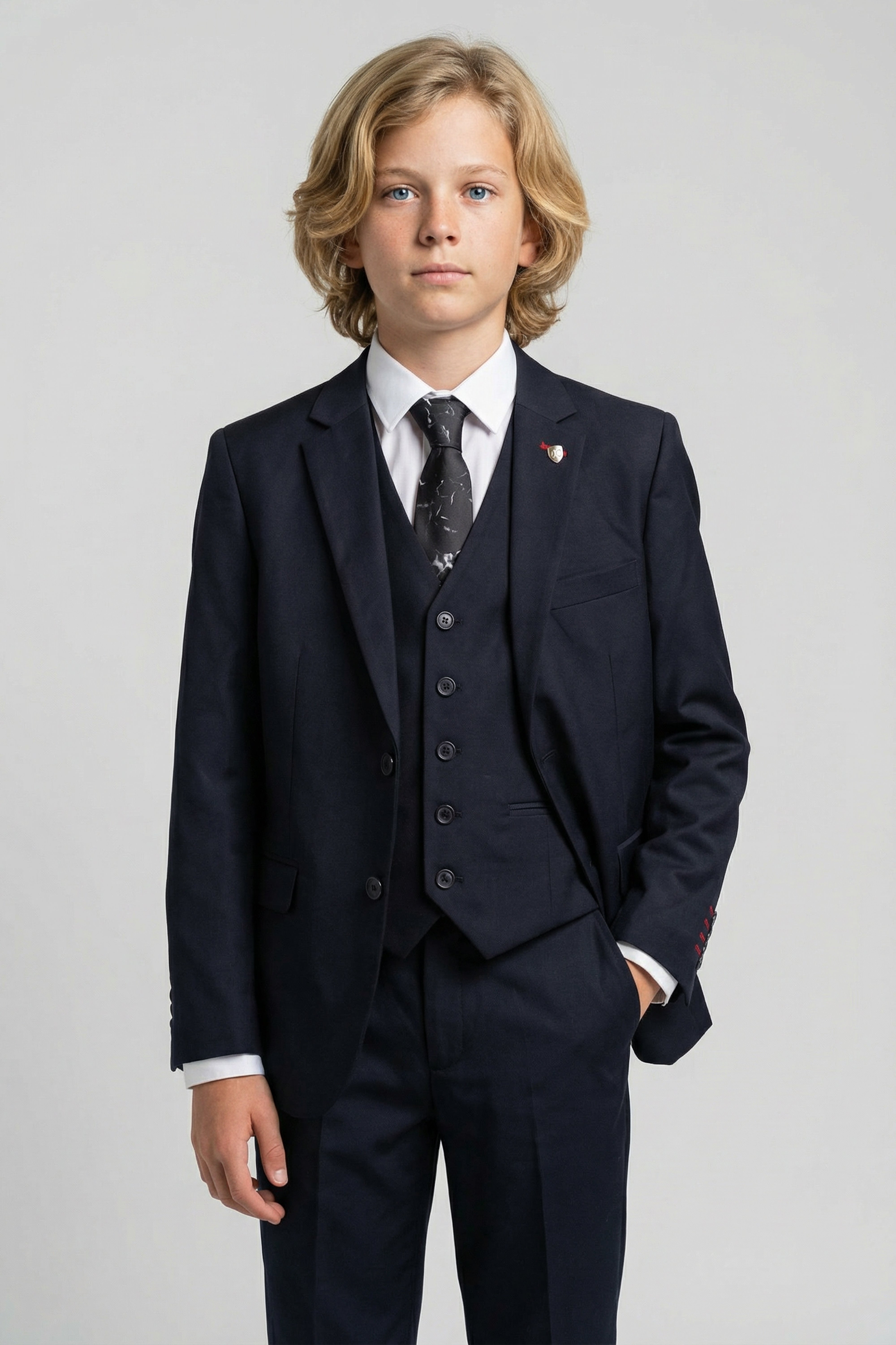 Boys 5-Piece Tailored Fit Formal Suit - Grant - Dark Navy Blue Model Picture