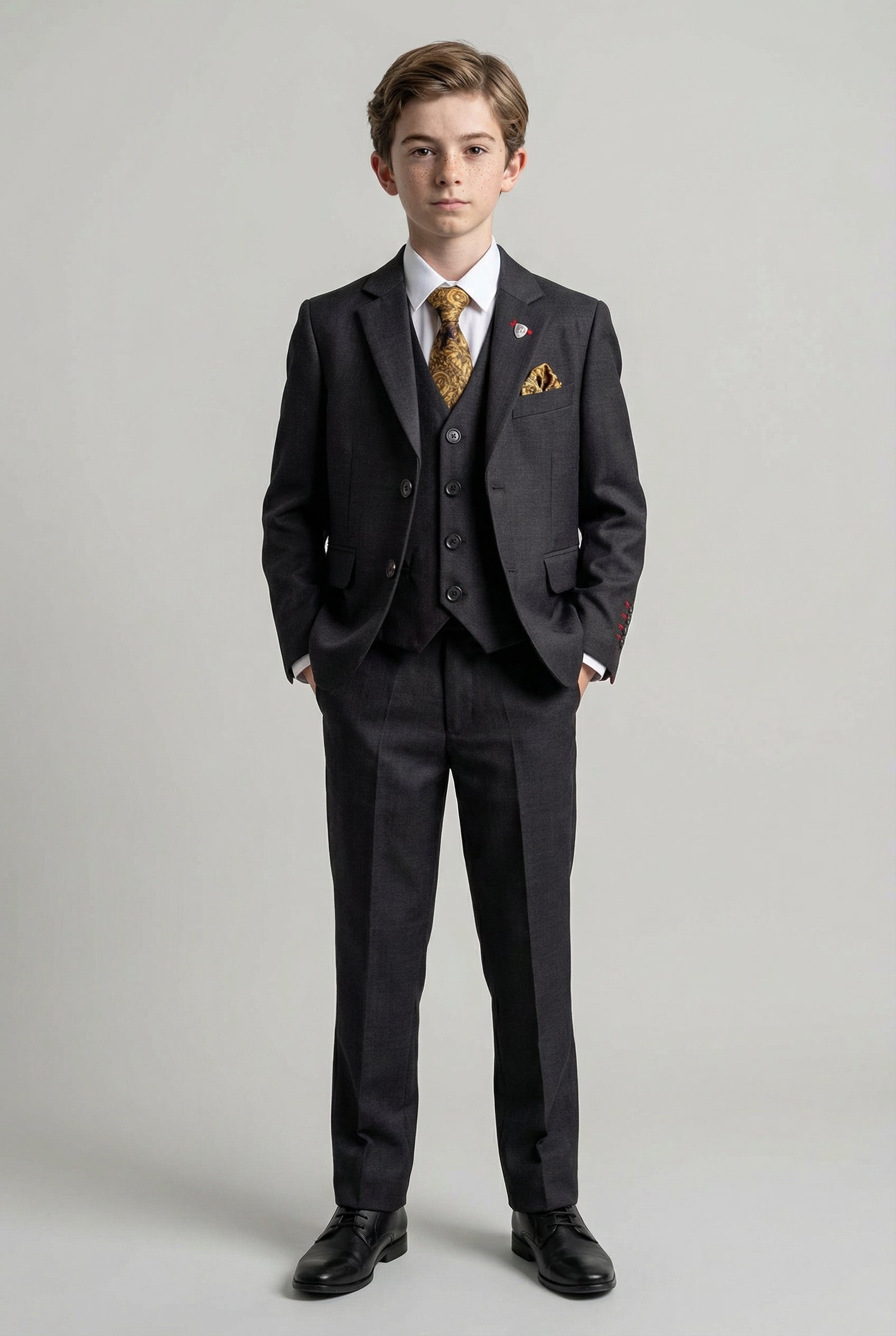 5-teiliger, taillierter Twill-Anzug für Jungen – Jeremy – Schwarz