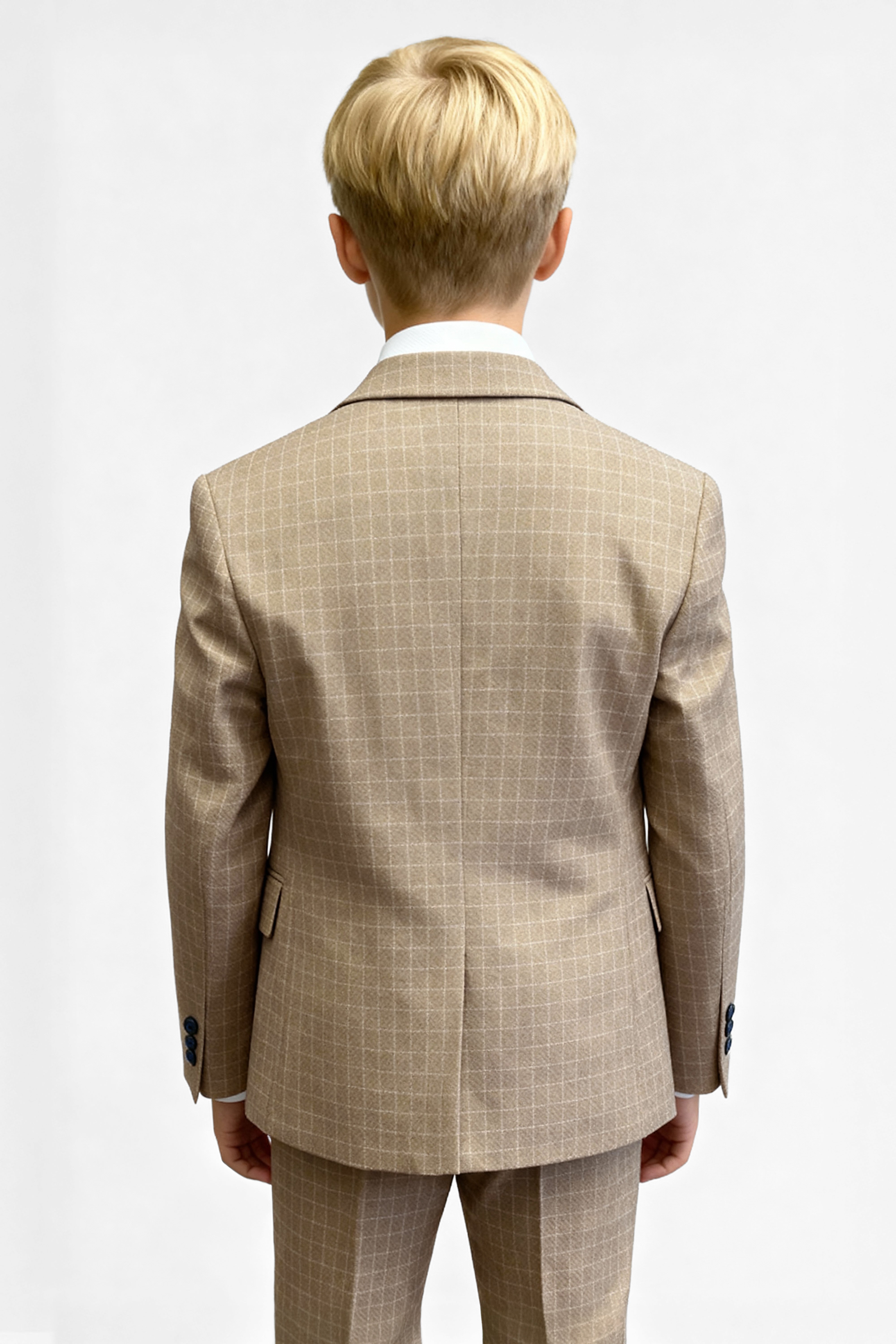 Boys 5-Piece Textured Micro Check Suit - KARELI - Camel Beige Back Picture