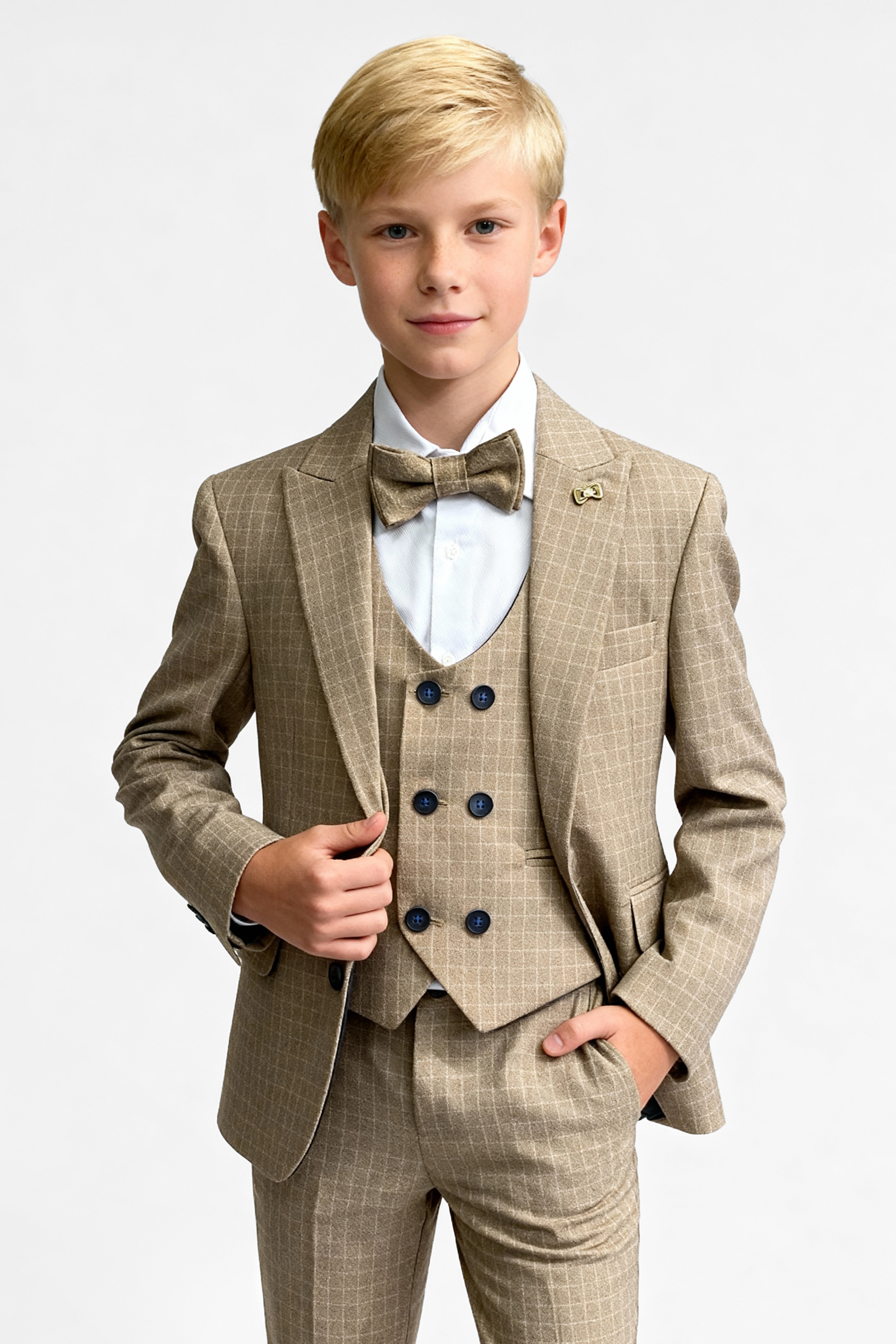 Boys 5-Piece Textured Micro Check Suit - KARELI - Camel Beige