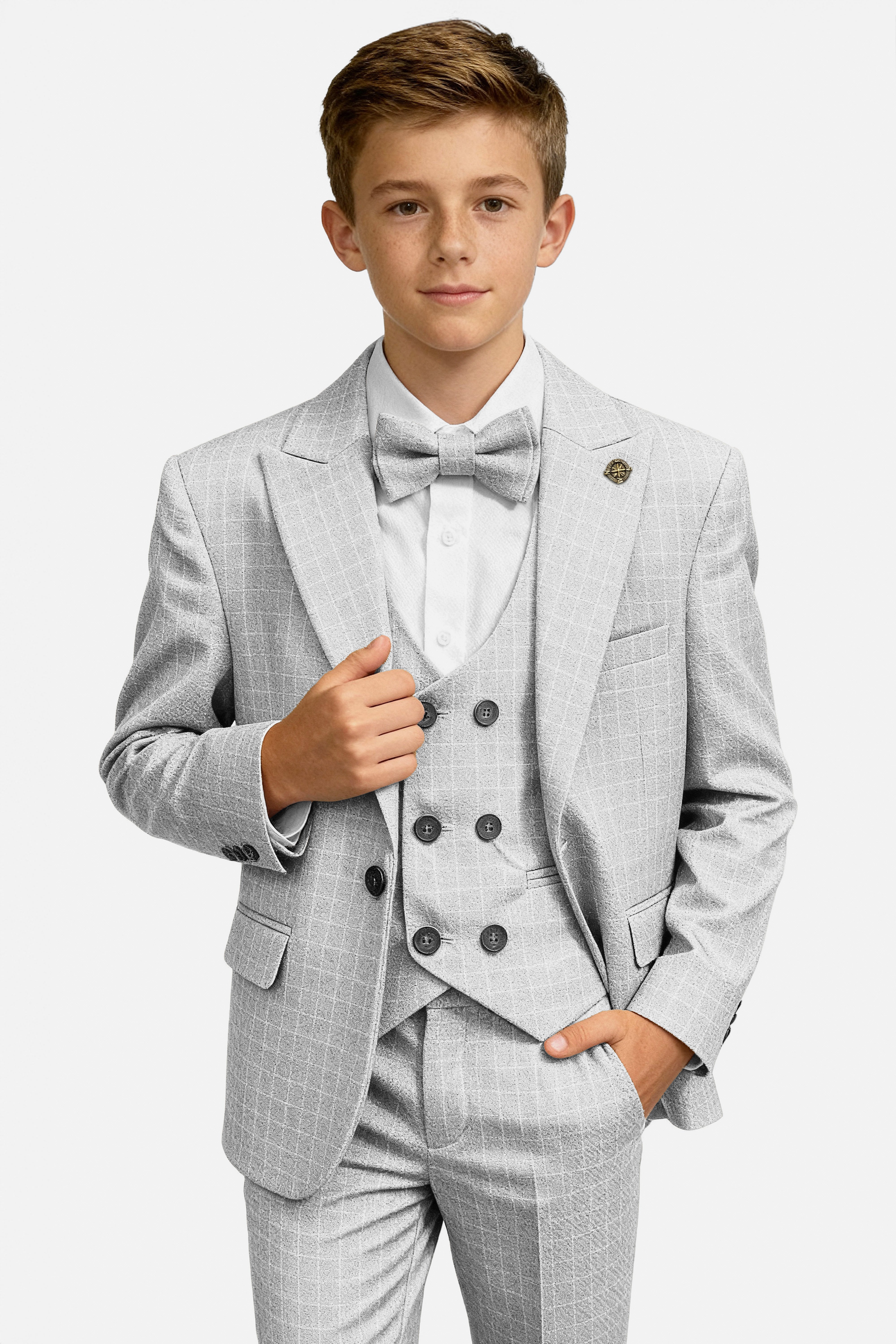 Boys 5-Piece Textured Micro Check Suit - KARELI - Light Grey Model Picture