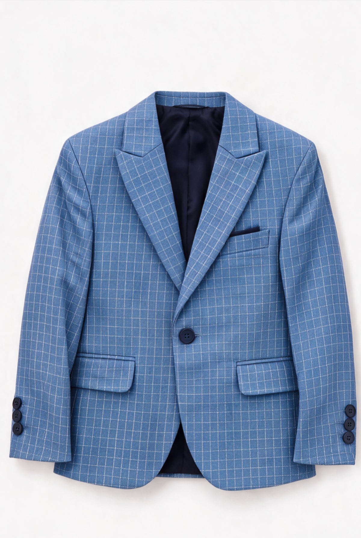 Boys 5-Piece Textured Micro Windowpane Check Suit - KARELI- Blue Blazer Front Picture