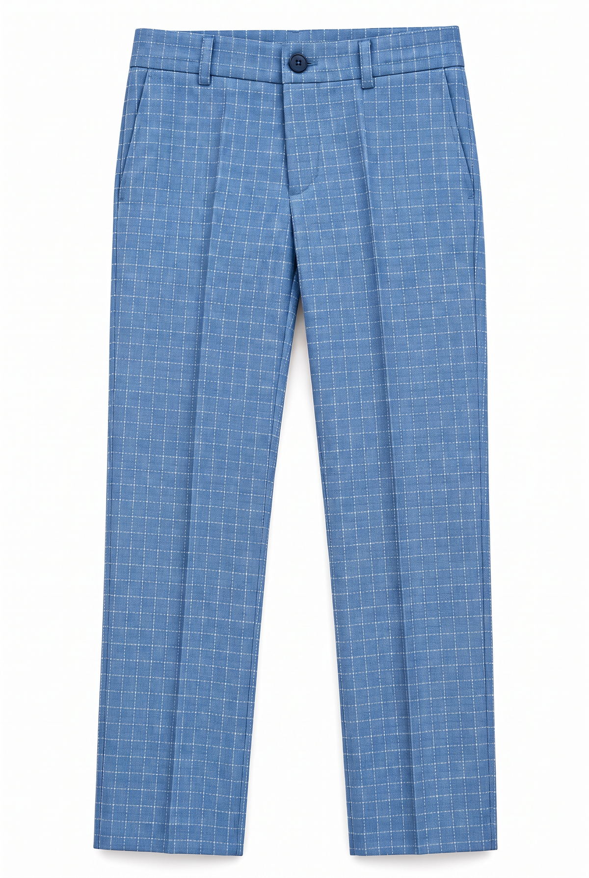 Boys 5-Piece Textured Micro Windowpane Check Suit - KARELI- Blue Trousers Front Picture