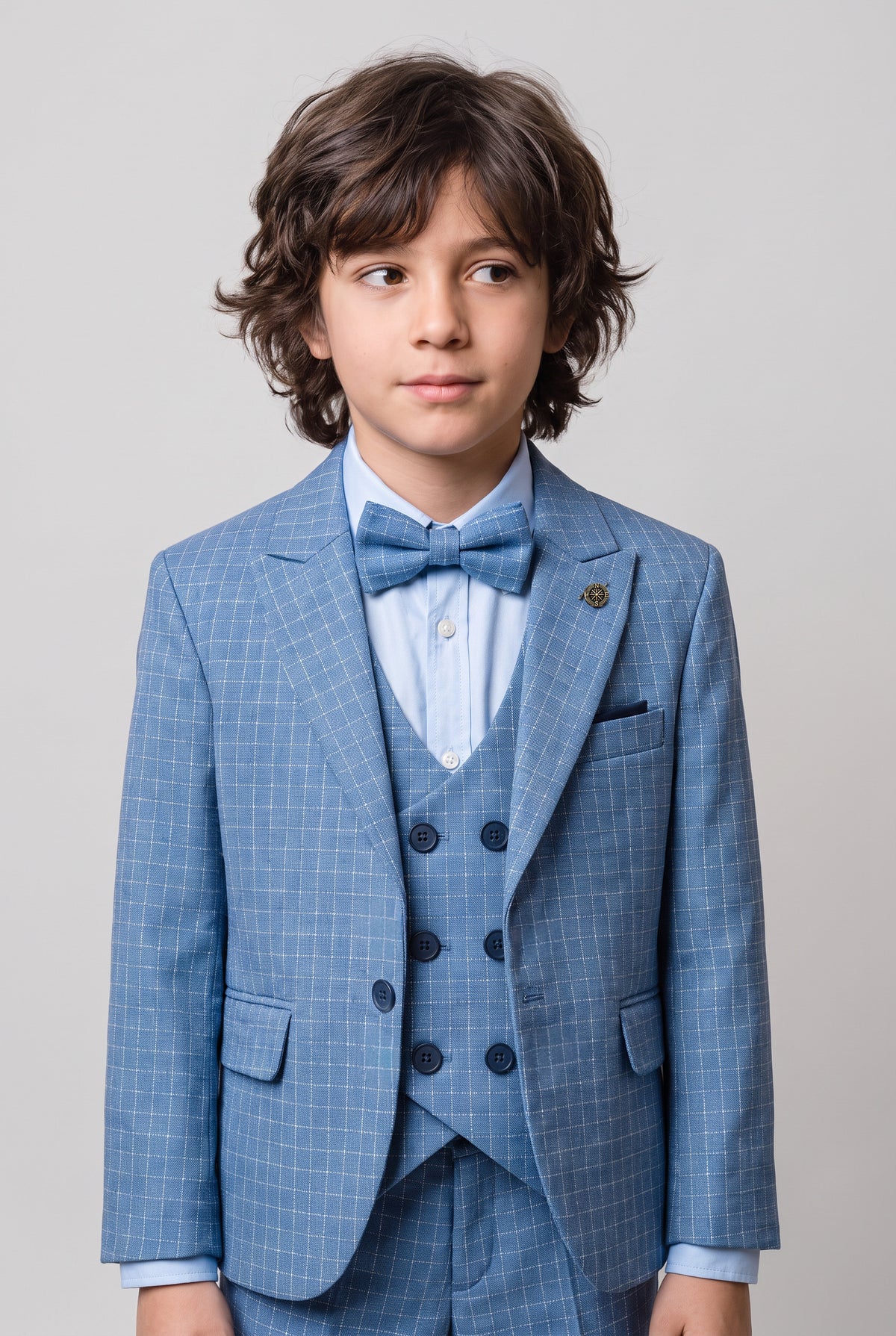 Boys 5-Piece Textured Micro Windowpane Check Suit - KARELI- Blue Model Picture