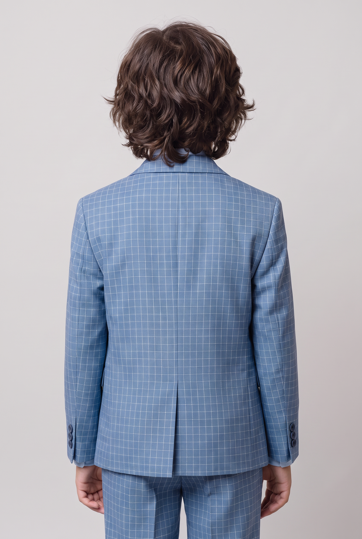 Boys 5-Piece Textured Micro Windowpane Check Suit - KARELI- Blue Model Back Picture