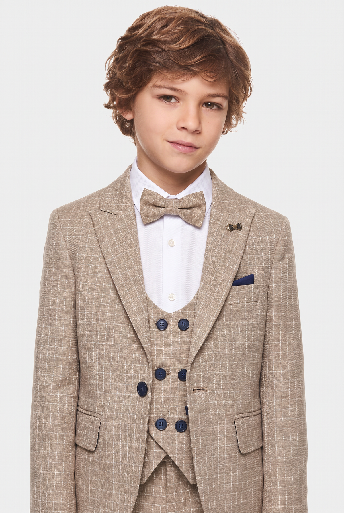 Boys 5-Piece Textured Micro Windowpane Check Suit - KARELI- Camel Model Picture