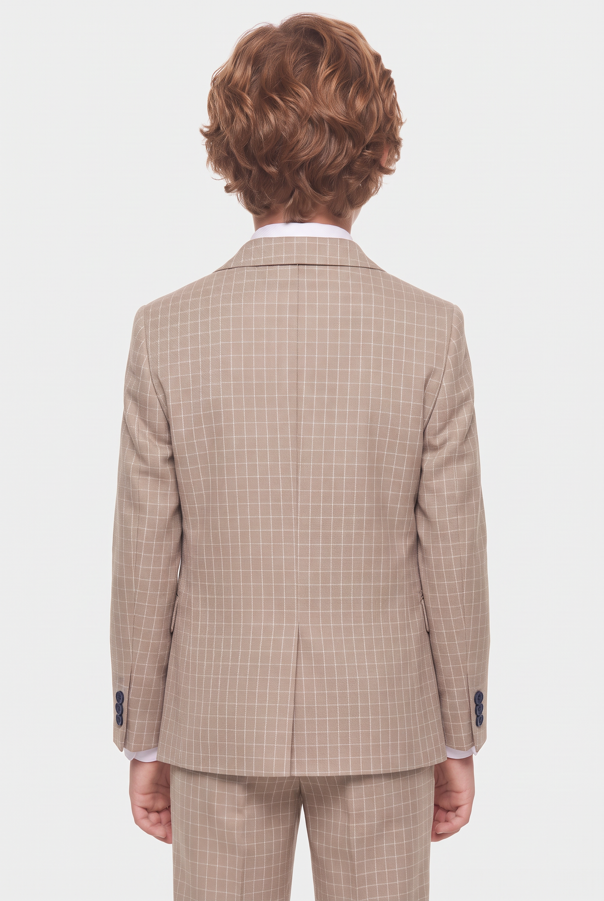 Boys 5-Piece Textured Micro Windowpane Check Suit - KARELI- Camel Model Back Picture