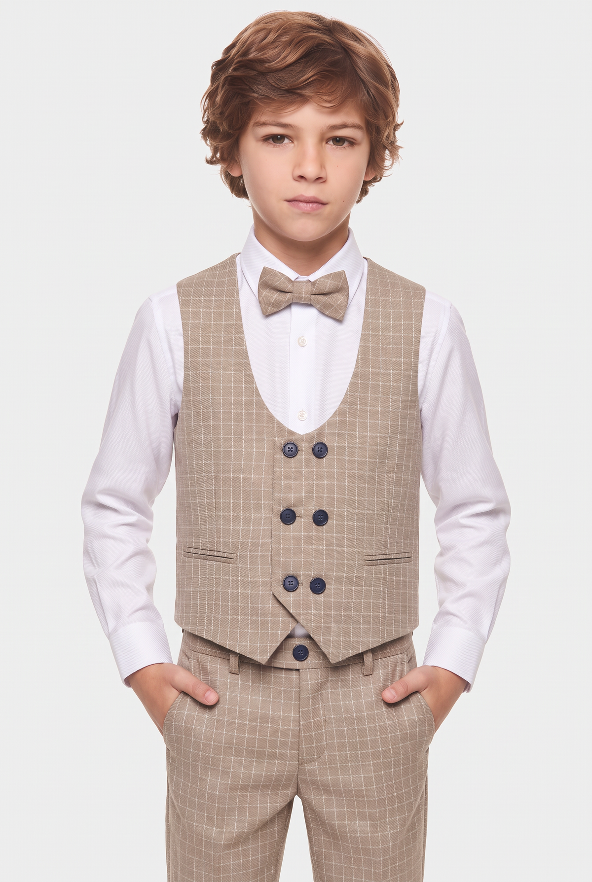 Boys 5-Piece Textured Micro Windowpane Check Suit - KARELI- Camel Model Front Picture