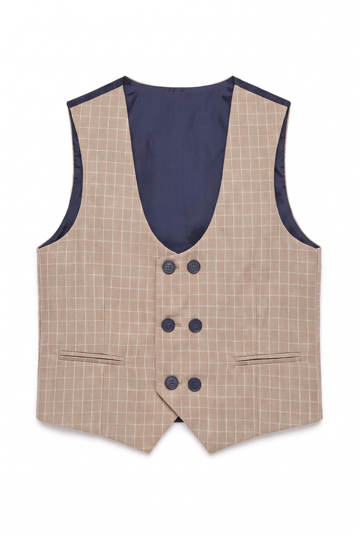 Boys 5-Piece Textured Micro Windowpane Check Suit - KARELI- Camel Waistcoat  Picture