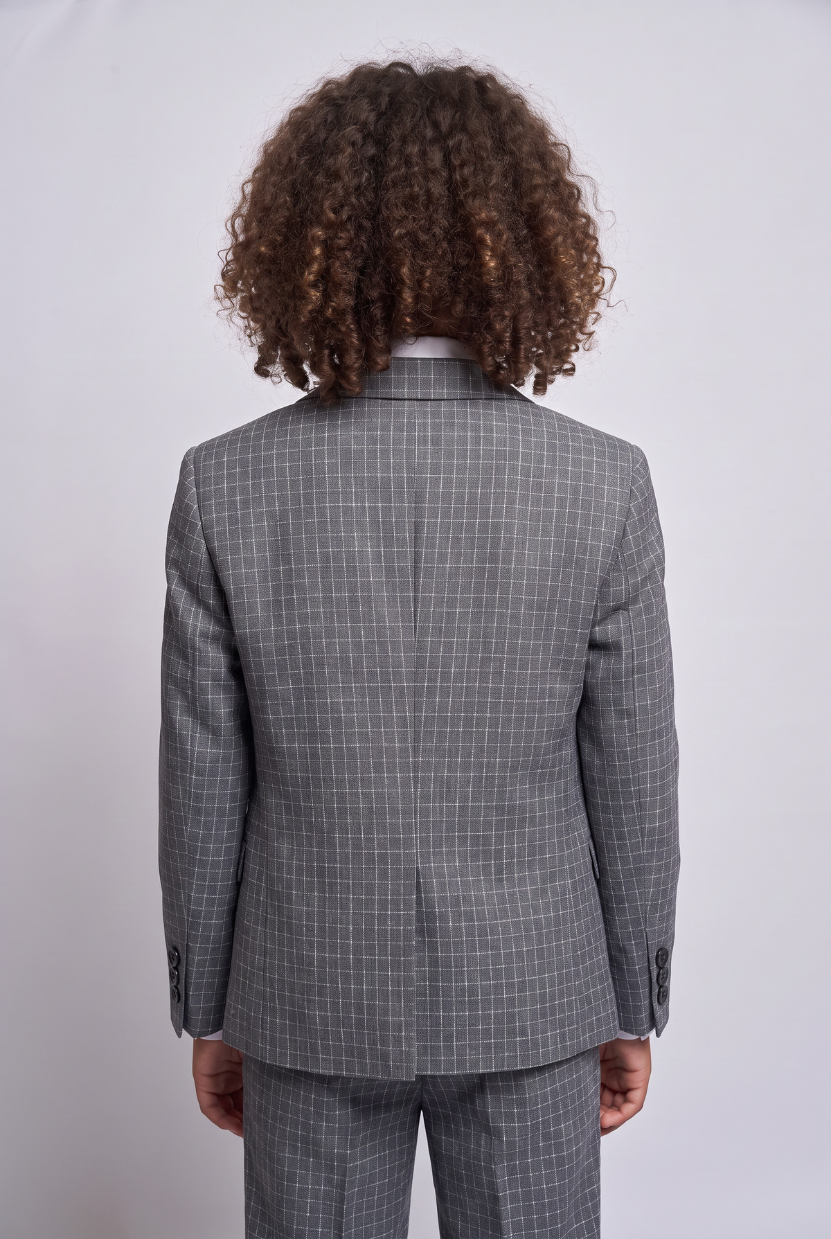 Boys 5-Piece Textured Micro Windowpane Check Suit - KARELI- Charcoal Grey Model Back Picture