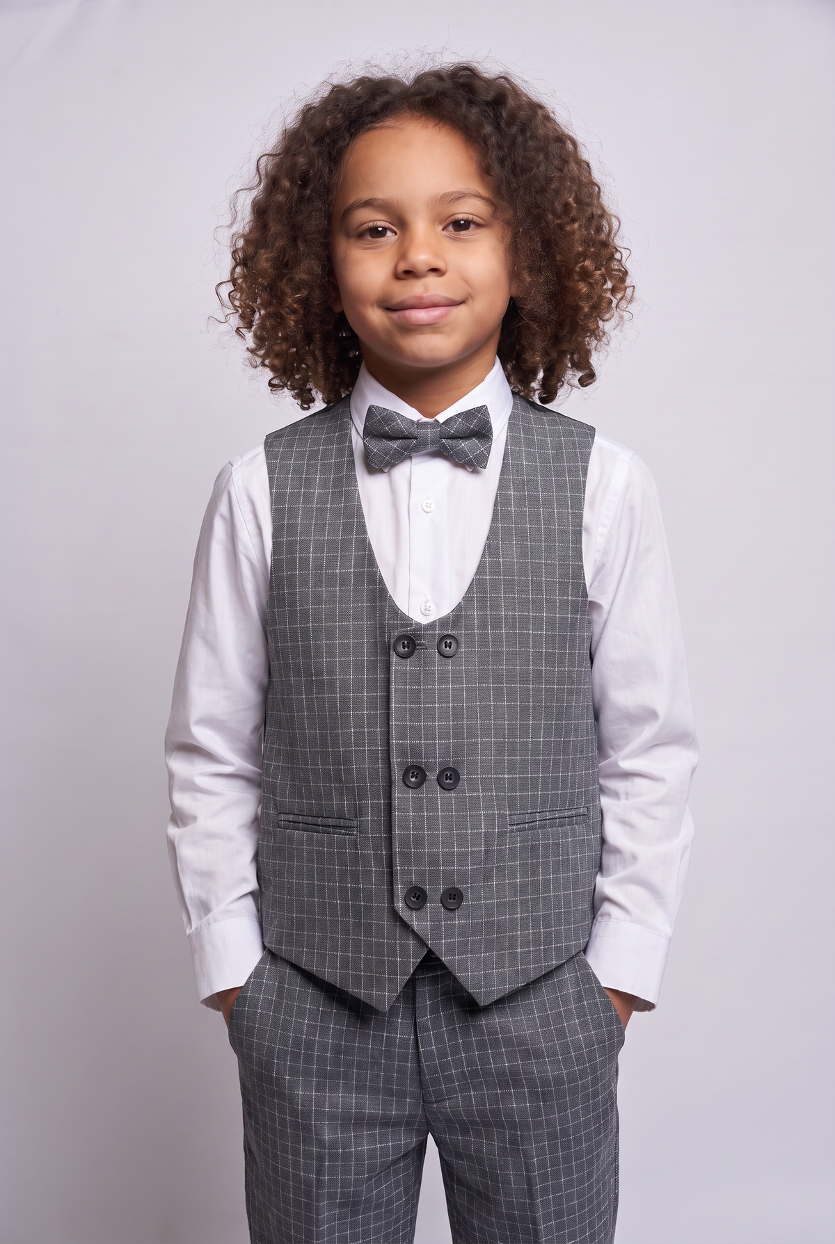Boys 5-Piece Textured Micro Windowpane Check Suit - KARELI- Charcoal Grey Waistcoat Front Picture
