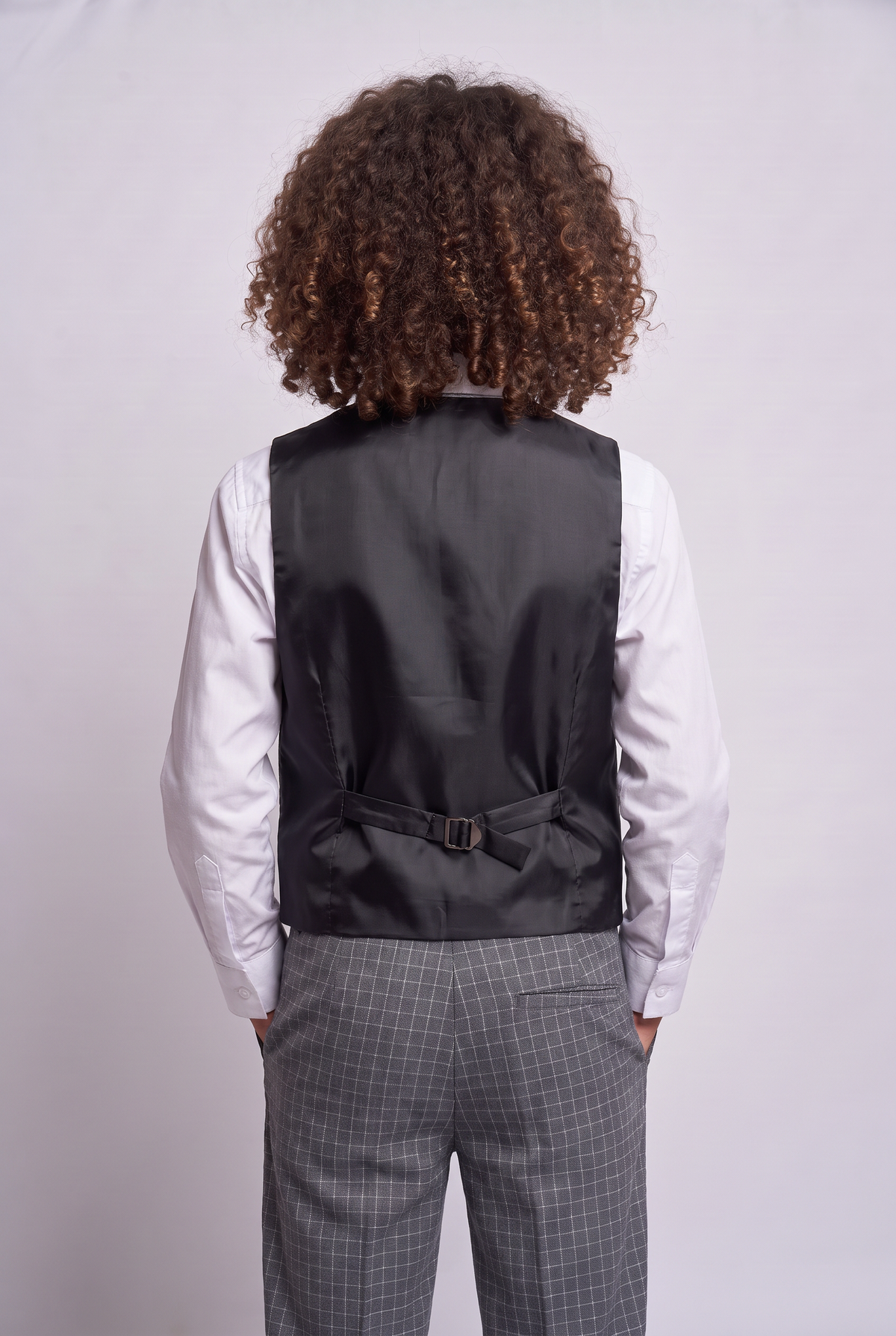 Boys 5-Piece Textured Micro Windowpane Check Suit - KARELI- Charcoal Grey  Back Picture