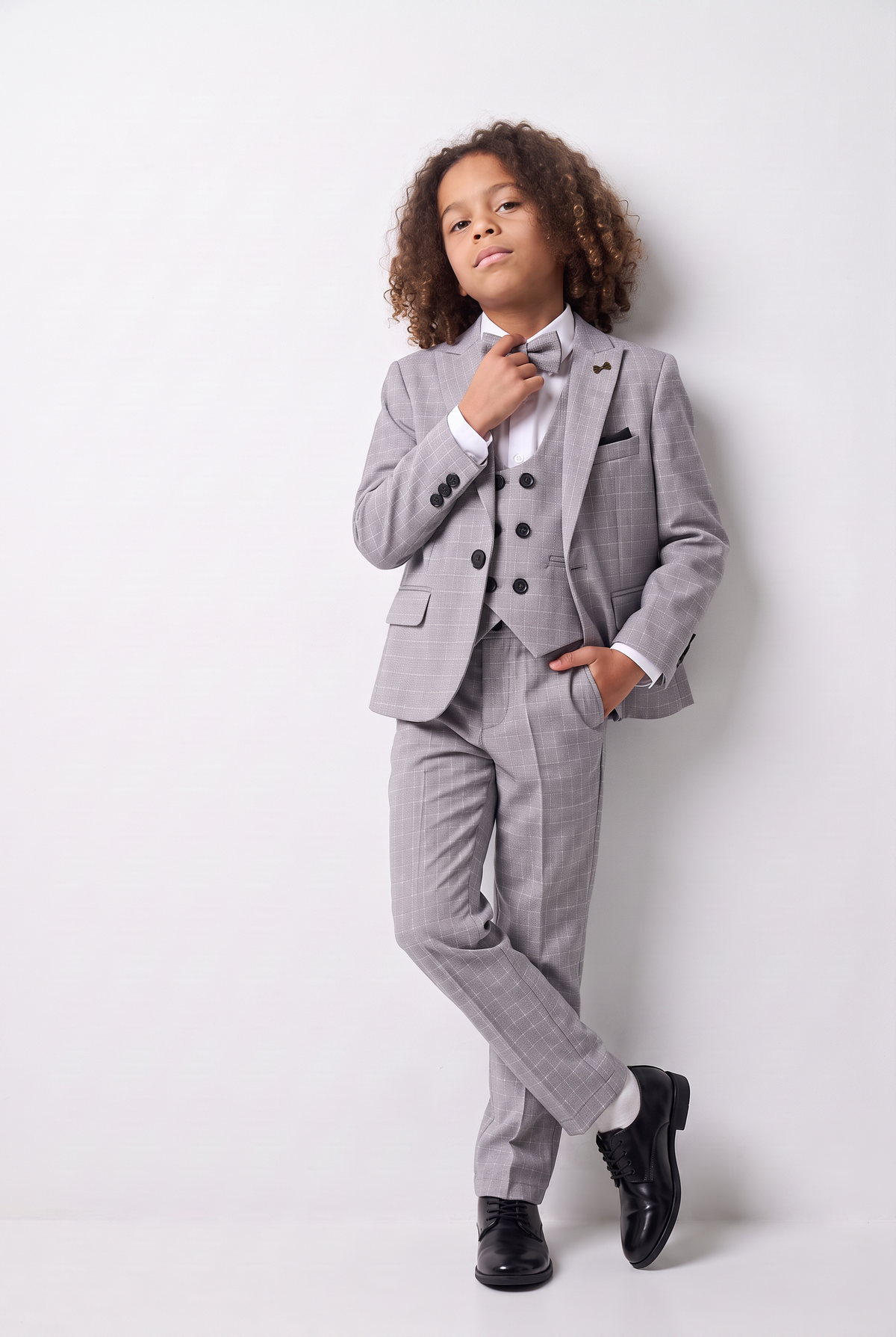 Boys 5-Piece Textured Micro Windowpane Check Suit - KARELI- Light Grey model front picture