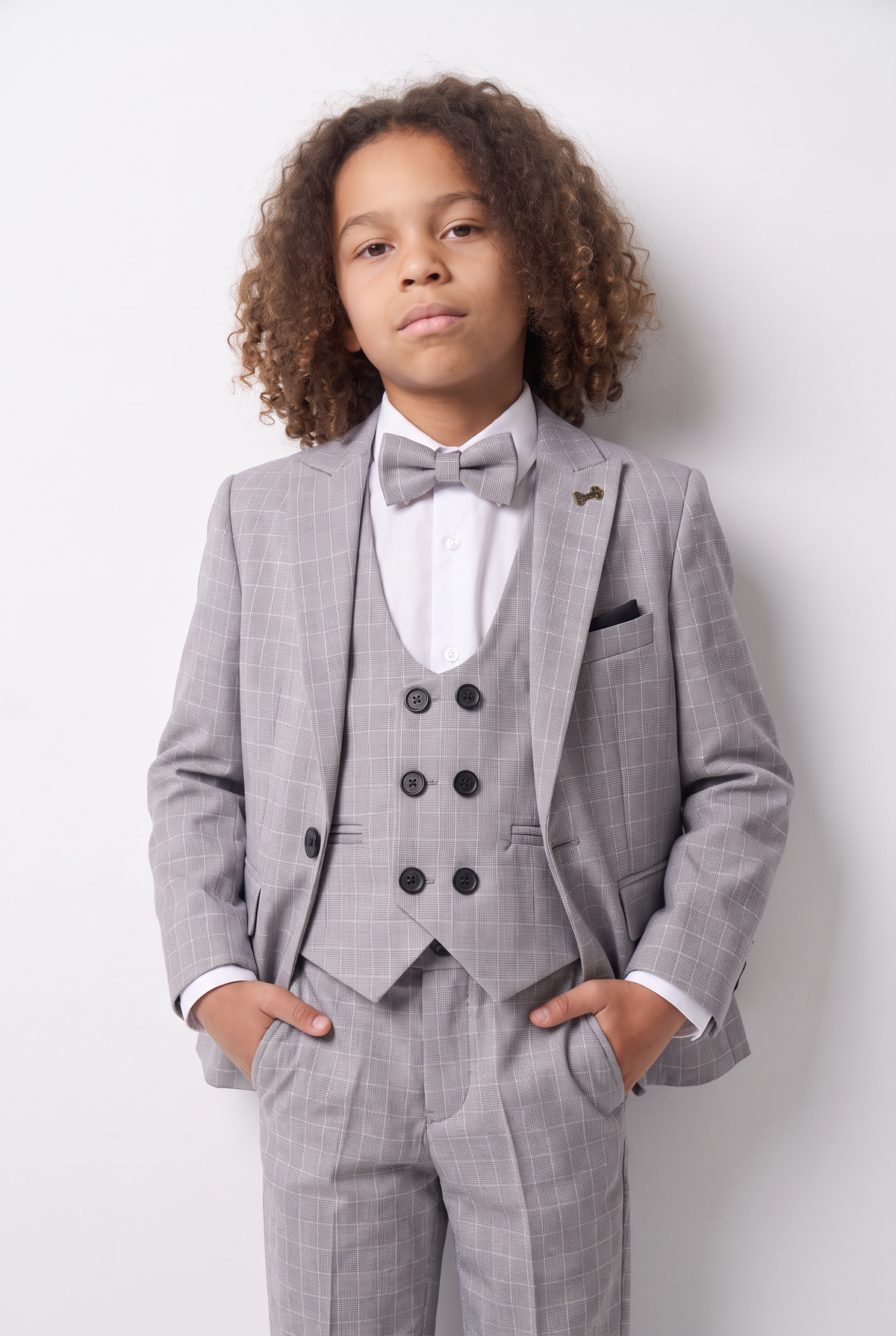 Boys 5-Piece Textured Micro Windowpane Check Suit - KARELI- Light Grey model picture