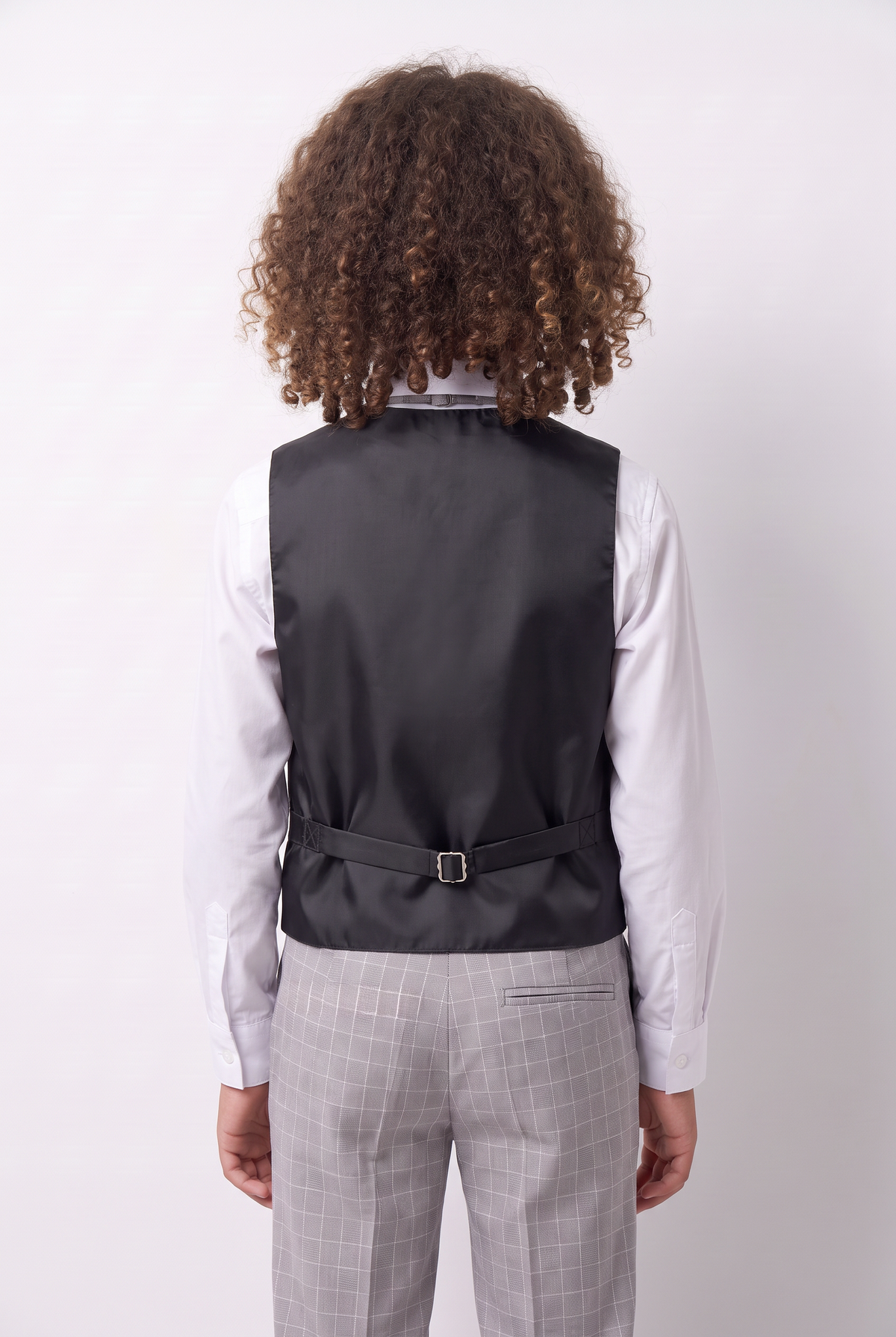 Boys 5-Piece Textured Micro Windowpane Check Suit - KARELI- Light Grey model waistcoat back picture