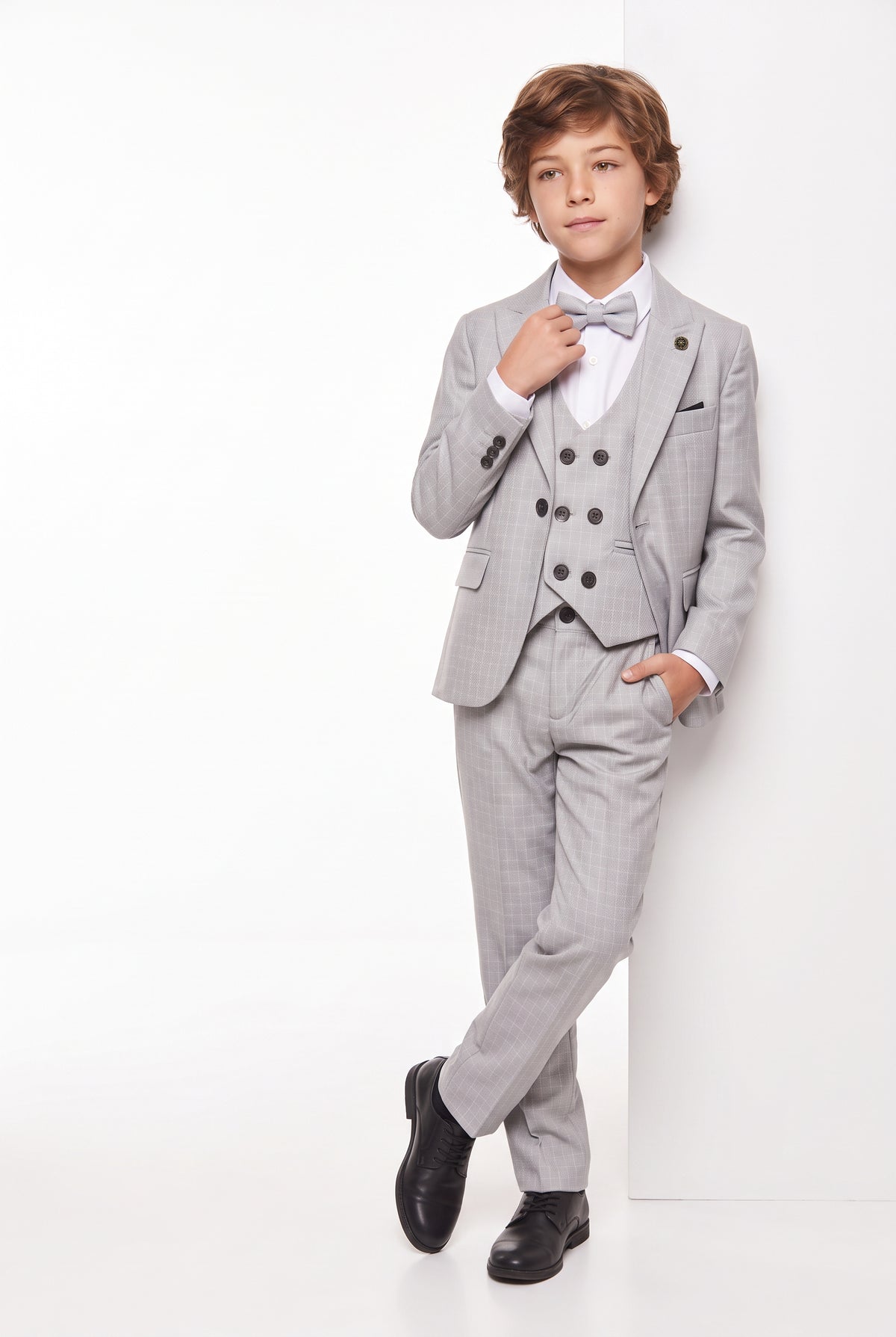 Boys 5-Piece Textured Micro Windowpane Check Suit - KARELI- Stone Model Front Picture