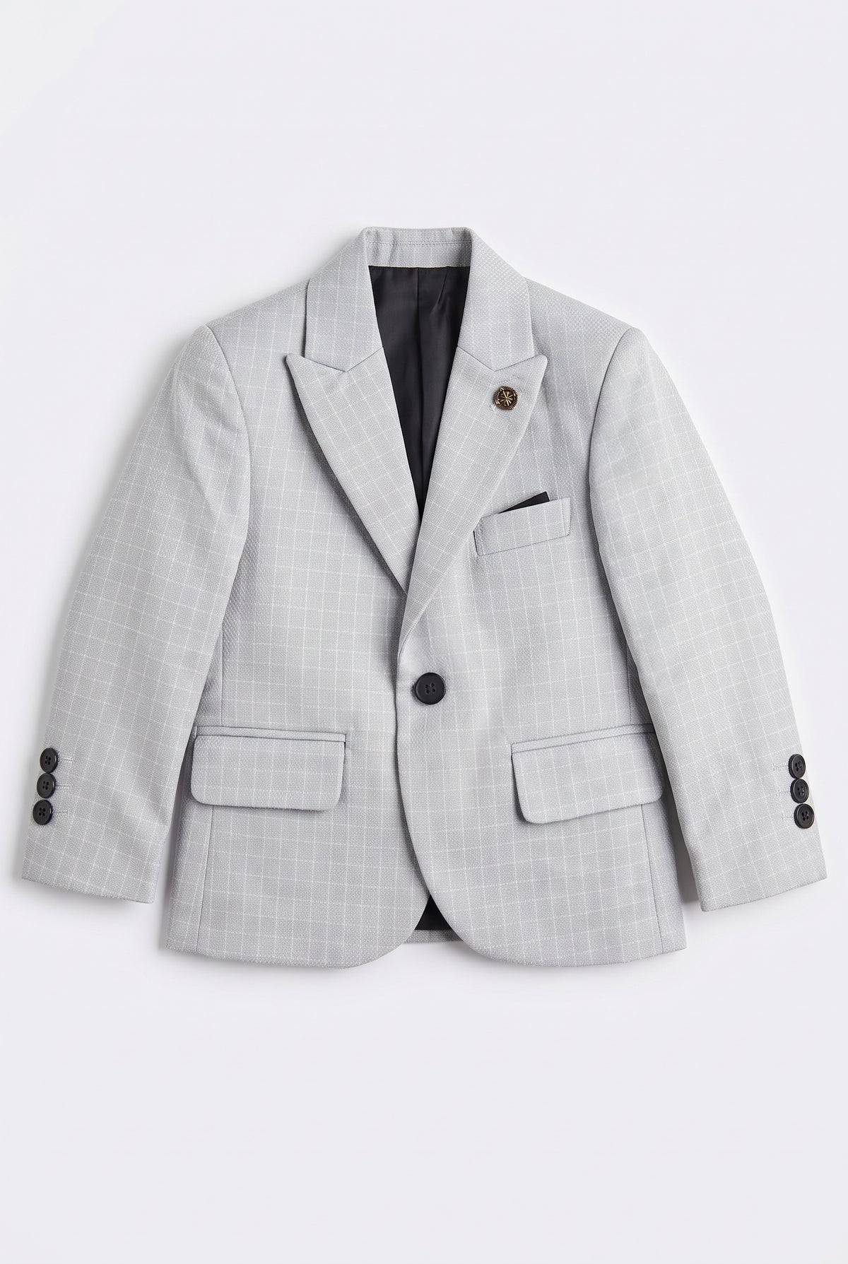 Boys 5-Piece Textured Micro Windowpane Check Suit - KARELI- Stone Blazer Picture