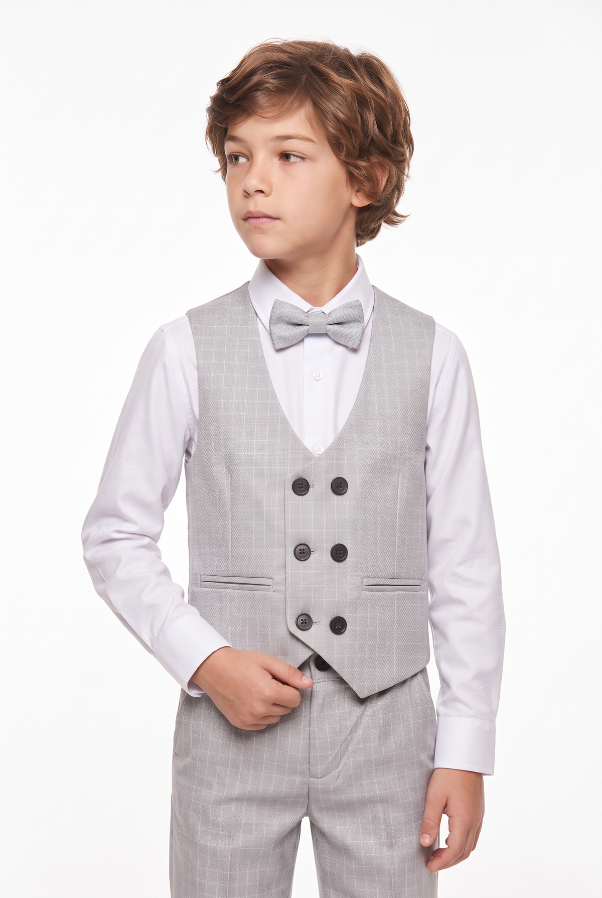 Boys 5-Piece Textured Micro Windowpane Check Suit - KARELI- Stone Model Waistcoat Picture