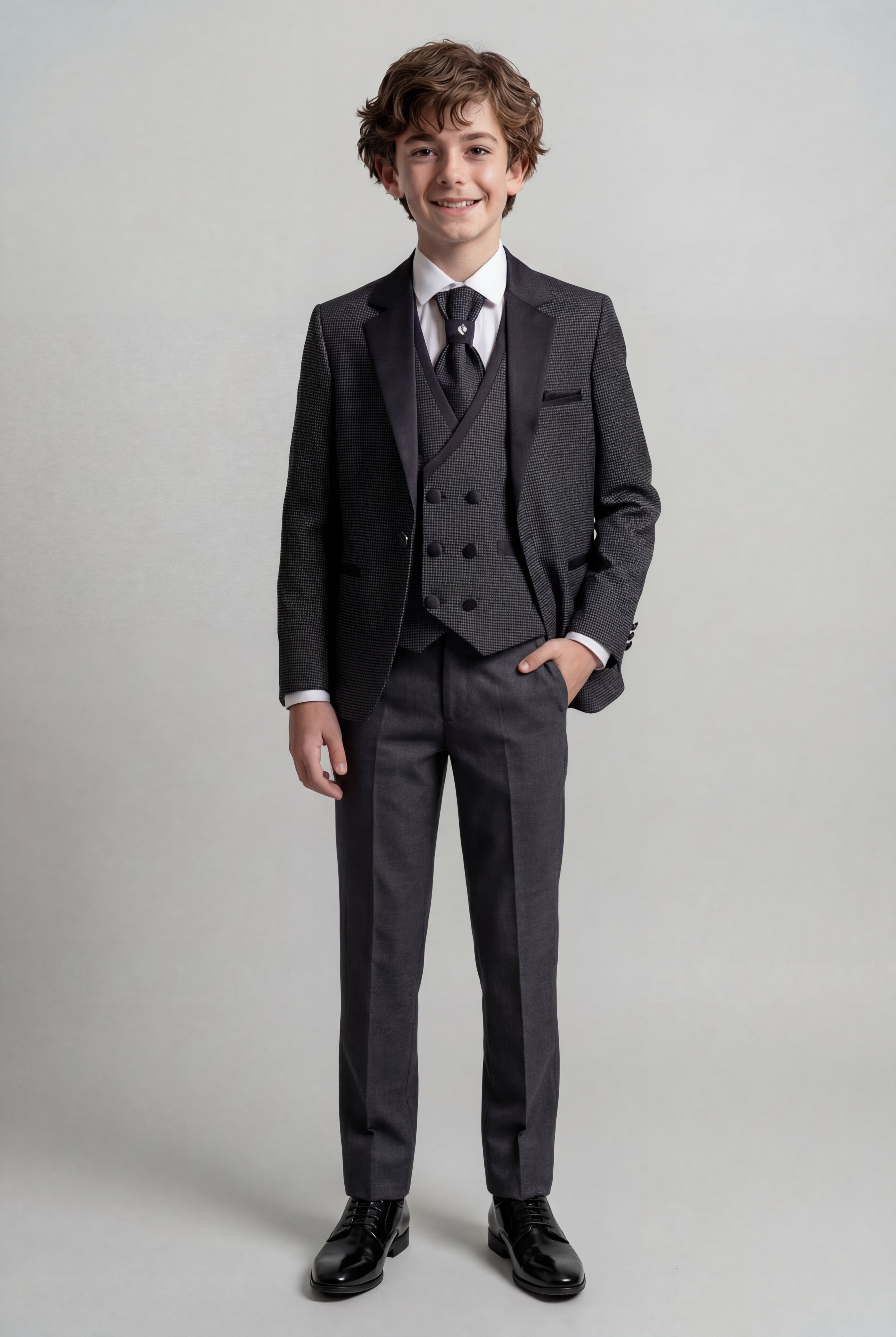 Boys 5-Piece Textured Microcheck Suit - Grey Front Picture