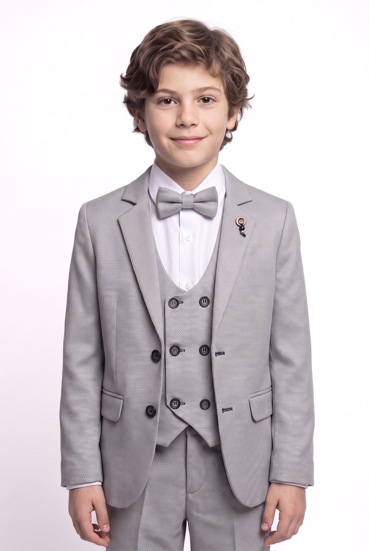 Boys 5-Piece Textured Suit with Double Breasted Waistcoat - Sota Tan Model Picture