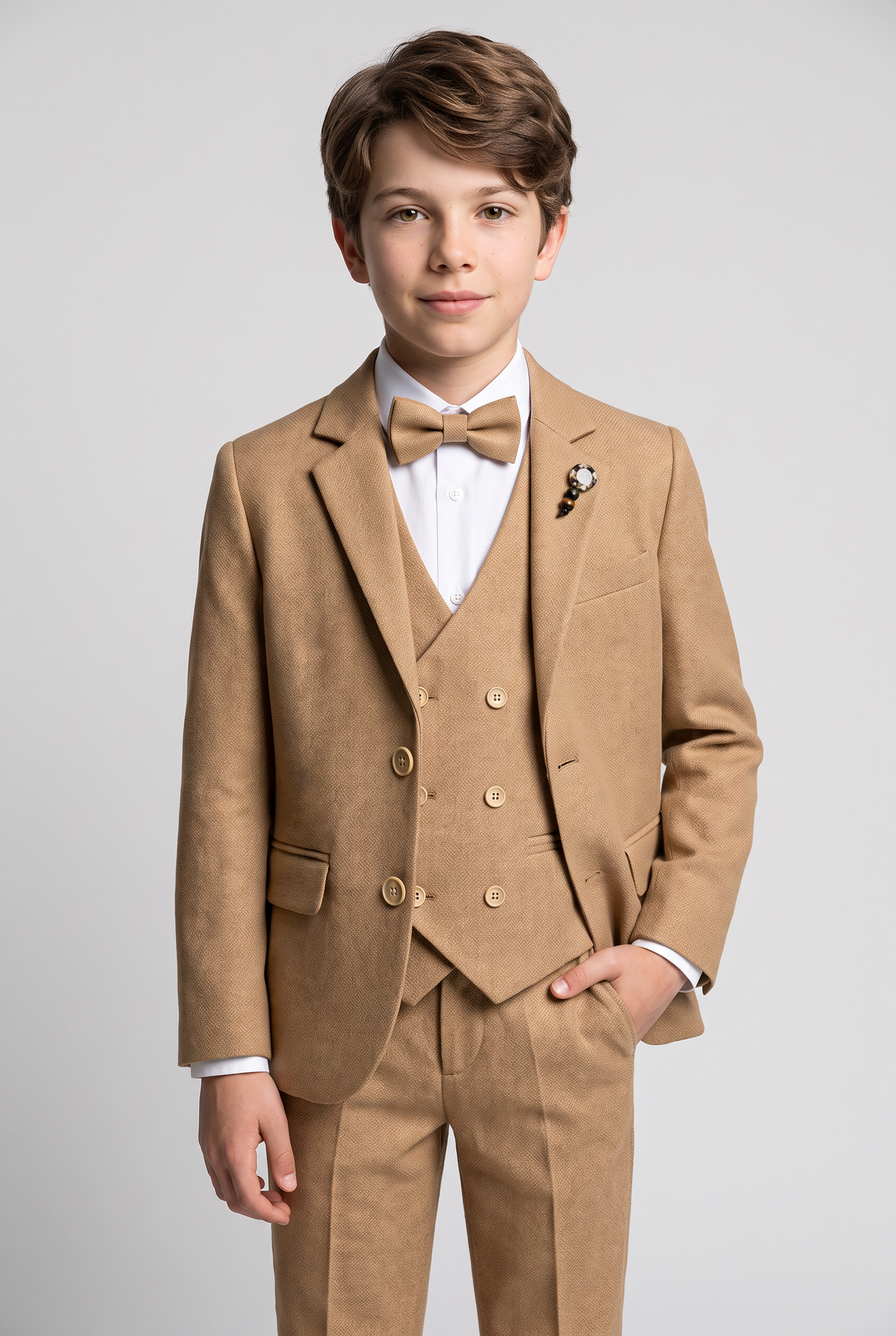 Boys 5-Piece Textured Suit with Double Breasted Waistcoat - Sota Tan Model Picture