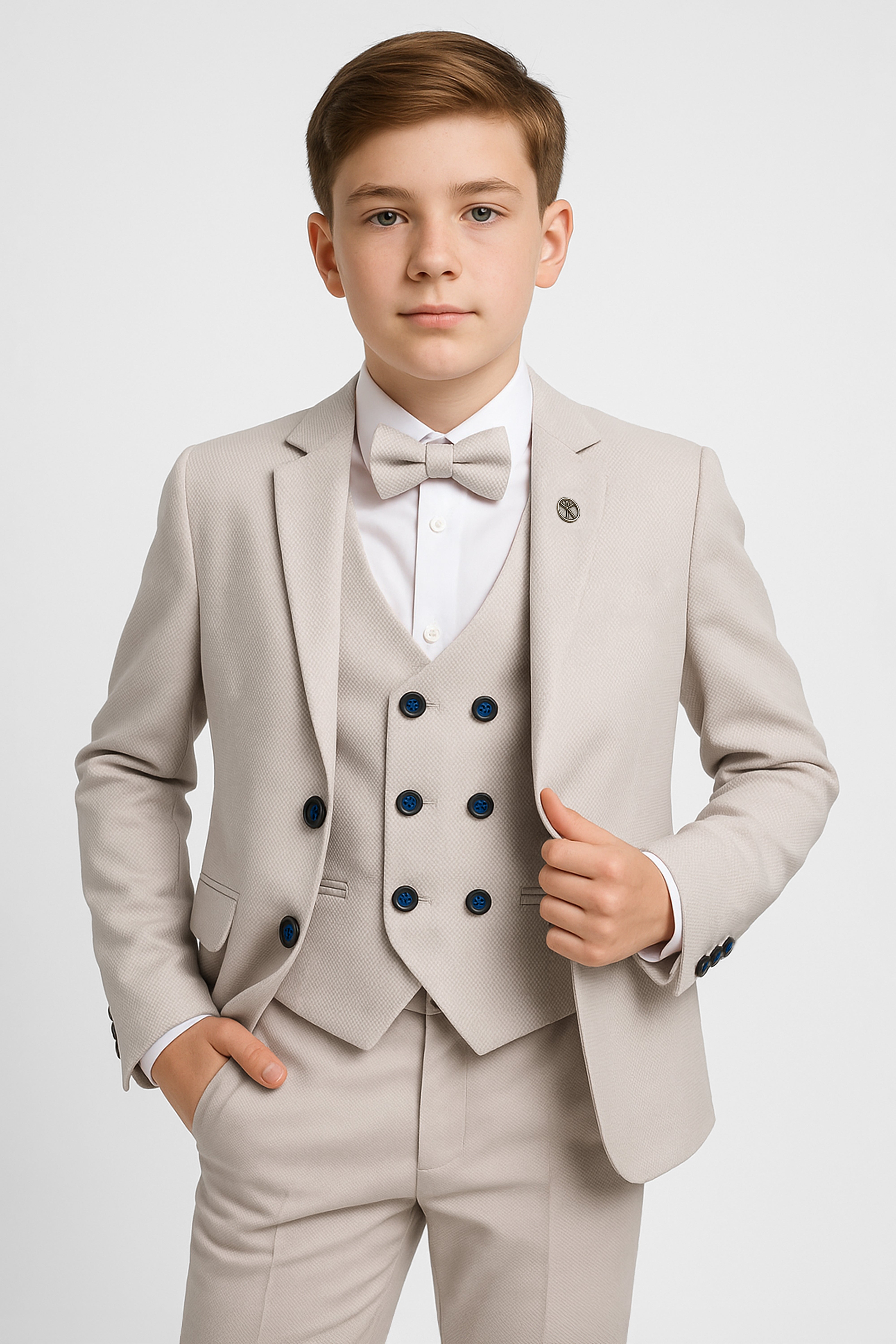 Boys 5-Piece Textured Weave Suit with Double Breasted Waistcoat - Beige Front Picture