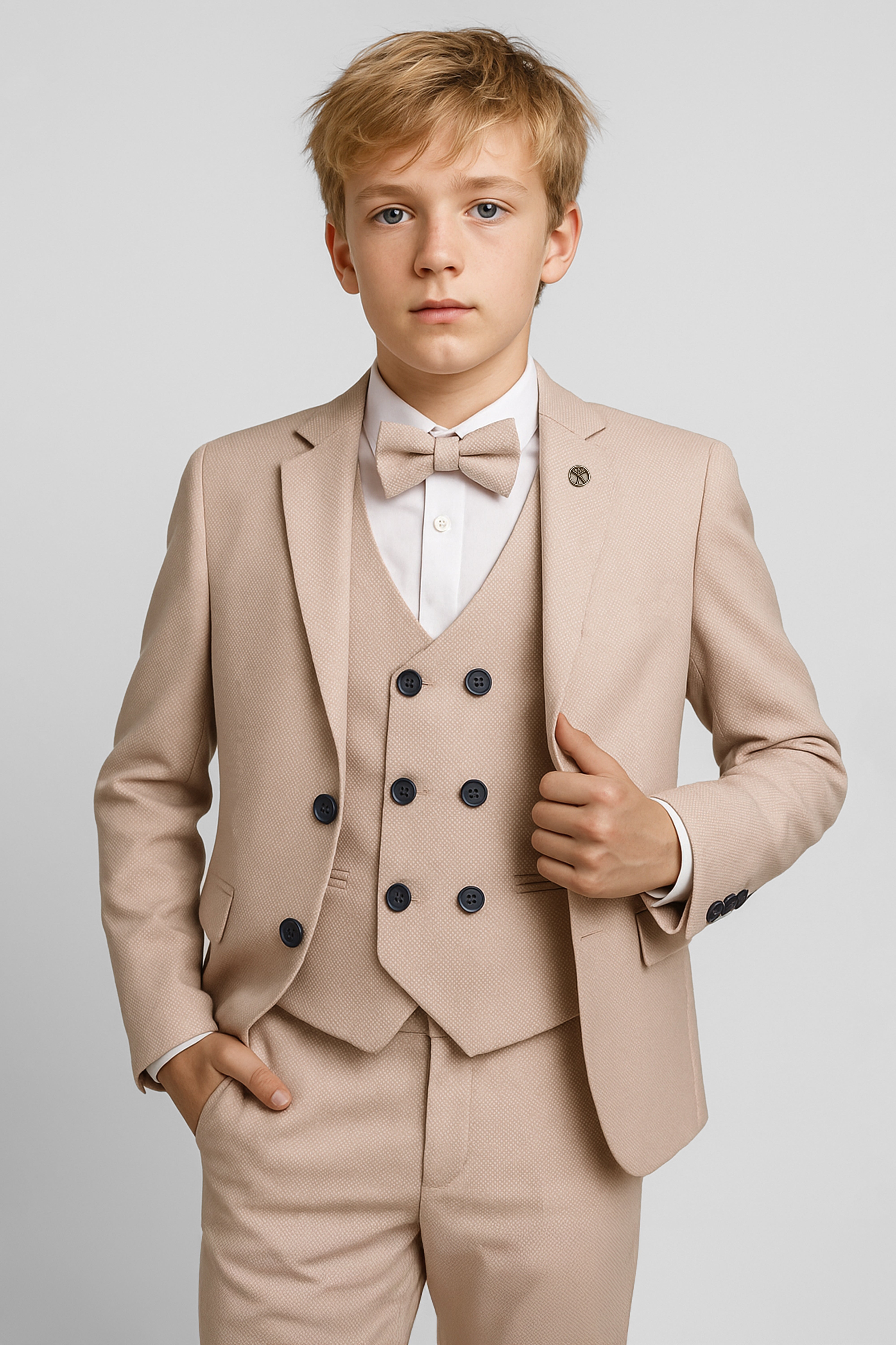 Boys 5-Piece Textured Weave Suit with Double Breasted Waistcoat - Cinnamon Front Picture