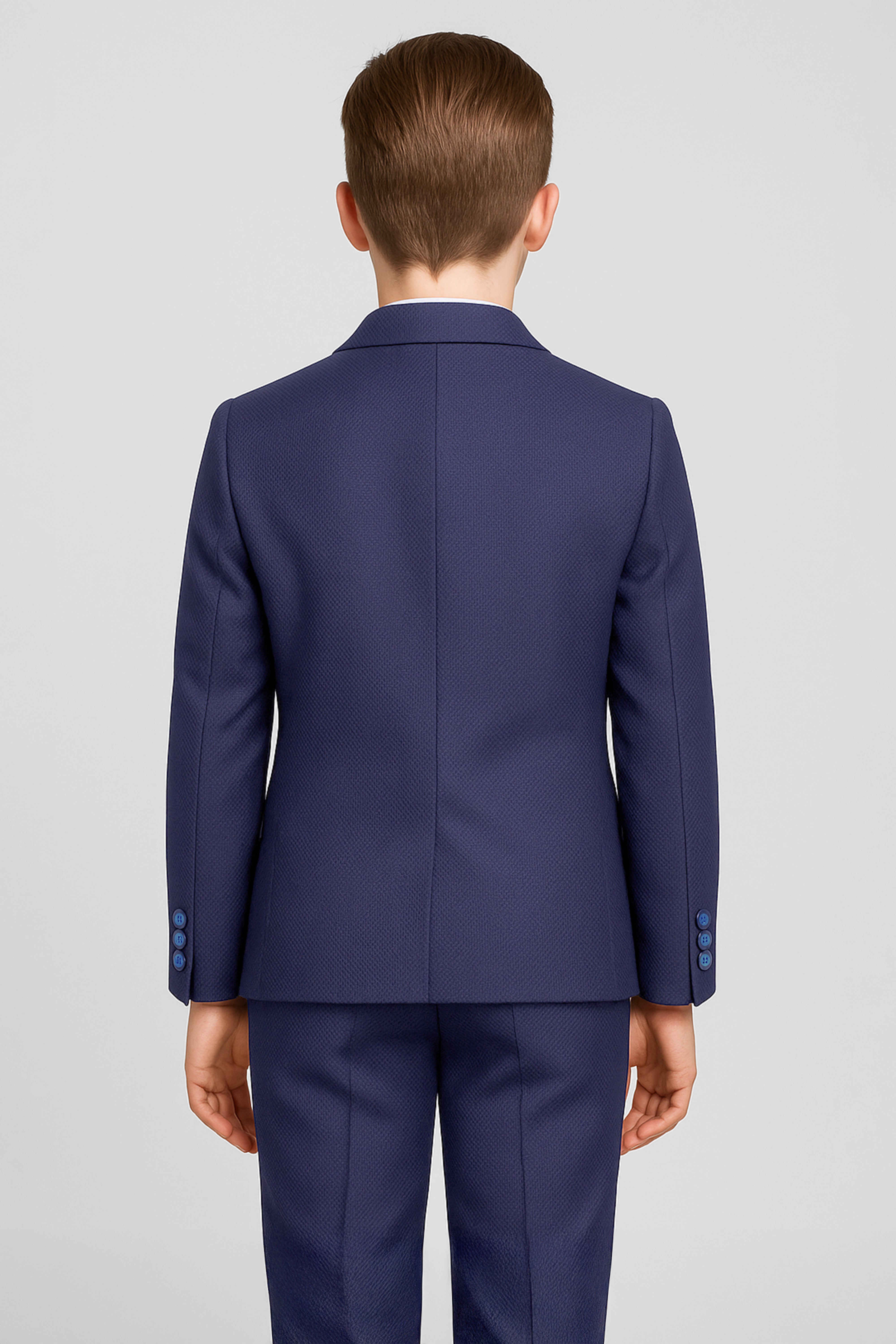 Boys 5-Piece Textured Weave Suit with Double Breasted Waistcoat - Dark Navy Back Picture