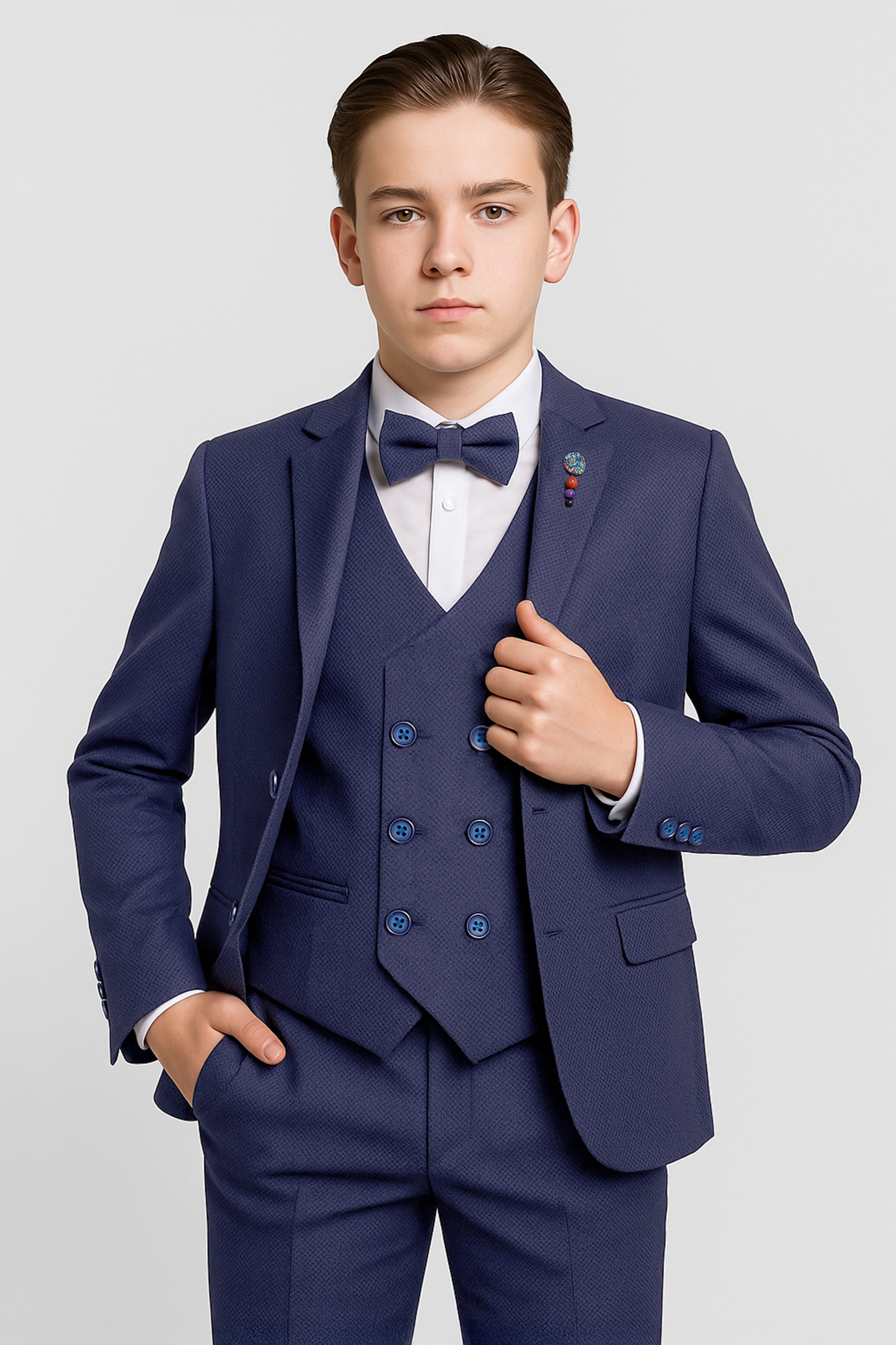 Boys 5-Piece Textured Weave Suit with Double Breasted Waistcoat - Dark Navy Front Picture